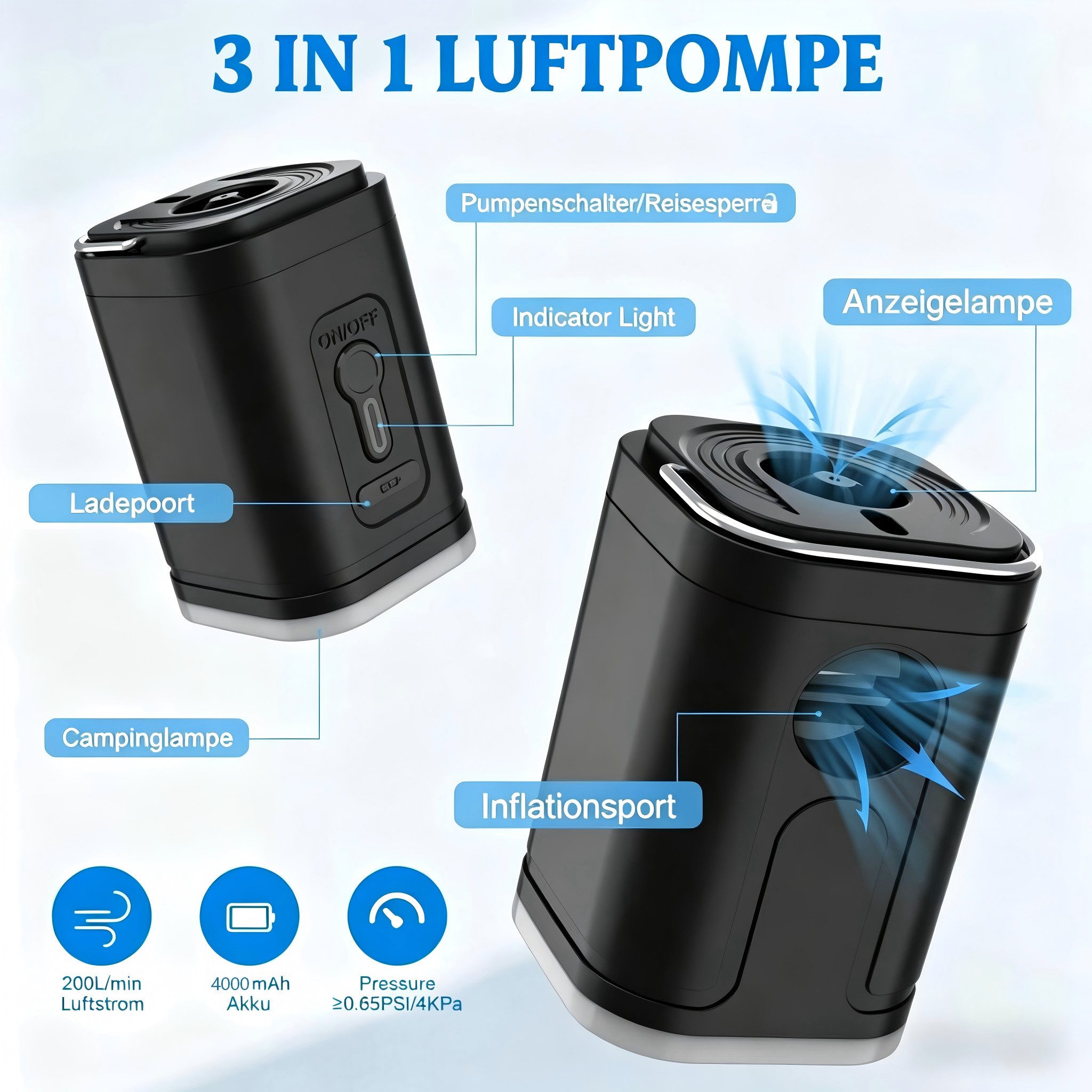 AIBISTAR Luftpumpe Elektrische Luftpumpe mit Akku,Wiederaufladbar,mit LED Licht (Packung, 8-tlg., 5 Düsen, 1 USB Kabel, 1 Aufbewahrungsbeutel, 1 Gerät), 4000mAh – Bild 2 von 5