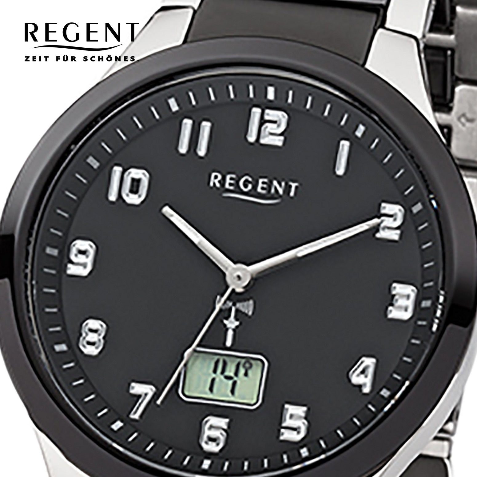 Regent Funkuhr Regent Herren-Armbanduhr schwarz silber, Herren Funkuhr  rund, groß (ca. 40mm), Stahl, Keramikarmband, Stahl-Keramik