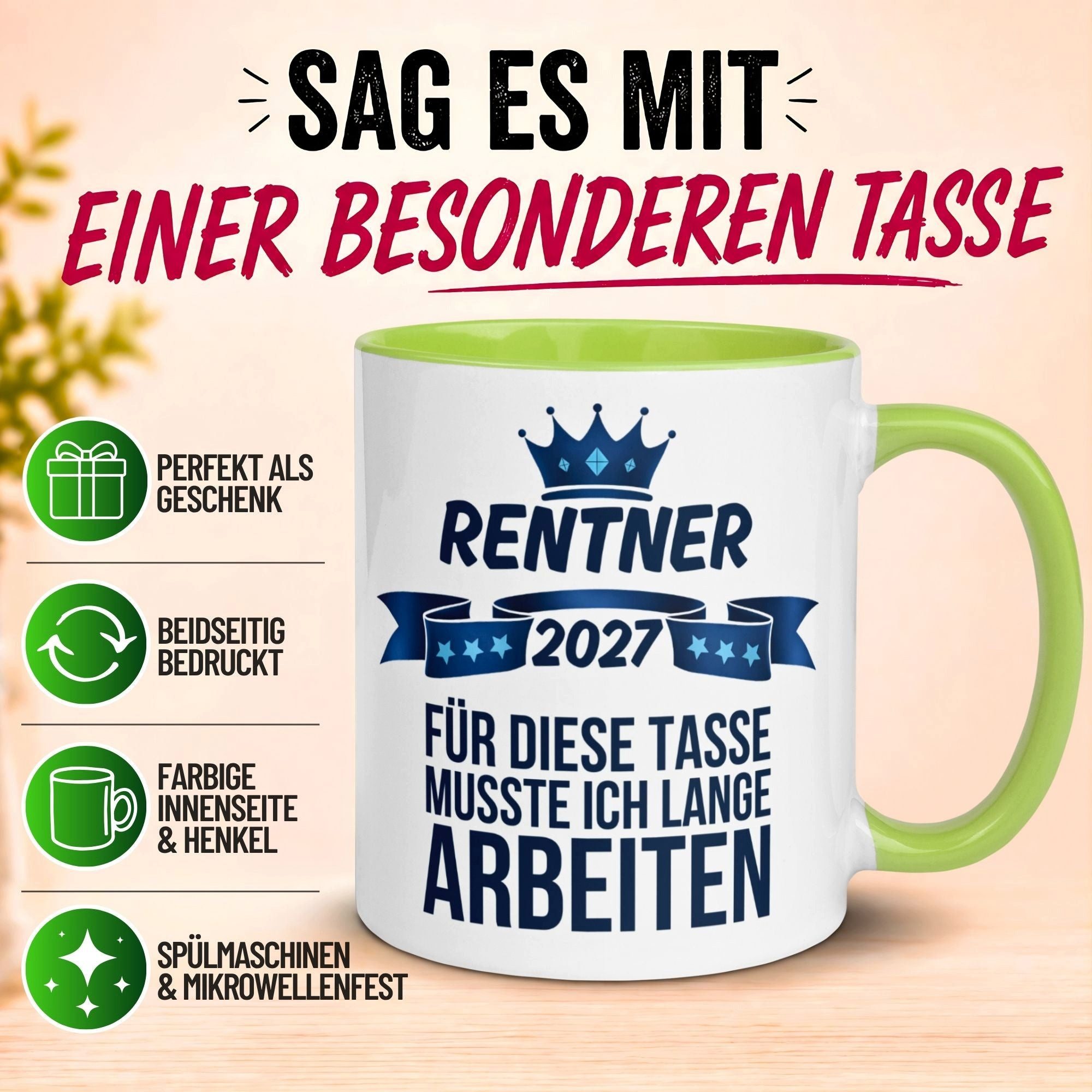 Momentals Tasse Rentner 2027 – Für die Tasse musste ich lange arbeiten – Rente Mann, Gratis Versand · Links-&Rechtshänder · Spülmaschinenfest