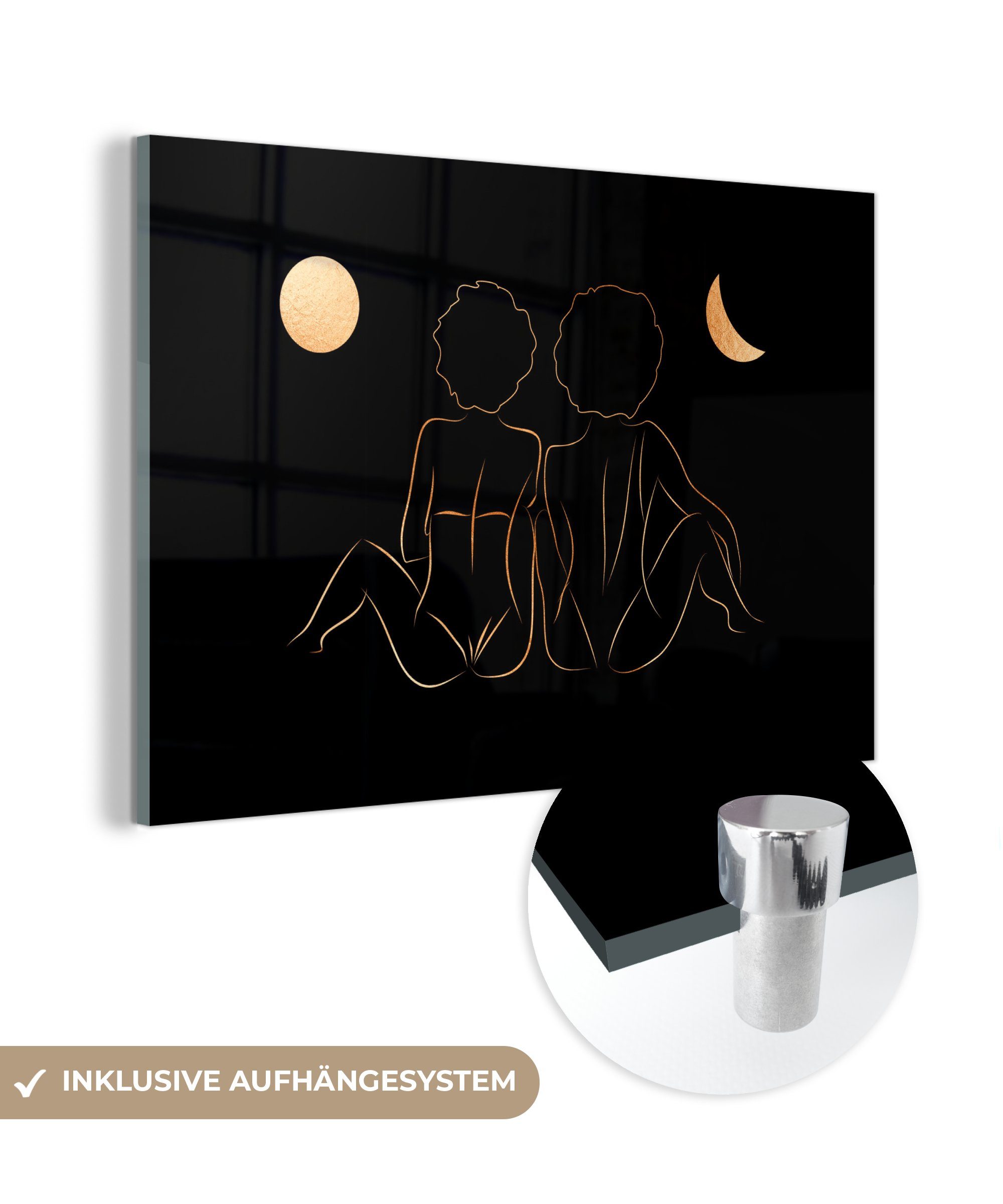 MuchoWow Acrylglasbild Frauen - Mond - Gold - Strichzeichnung, (1 St), Glasbilder - Bilder auf Glas Wandbild - Foto auf Glas - Wanddekoration