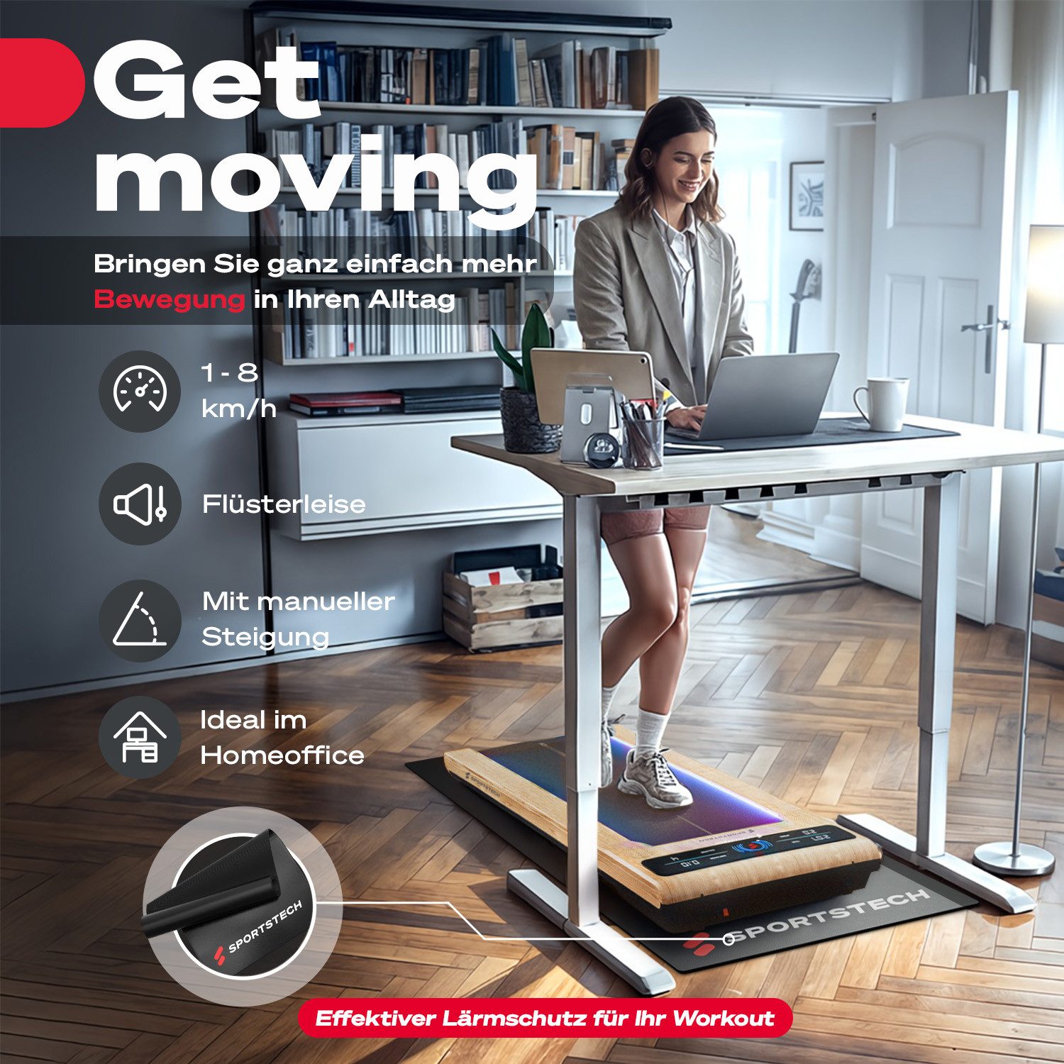 Sportstech Laufband sWalk, bis 8 km/h, Steigung 7,5%, Trainingsprogramme, LED Tempolicht