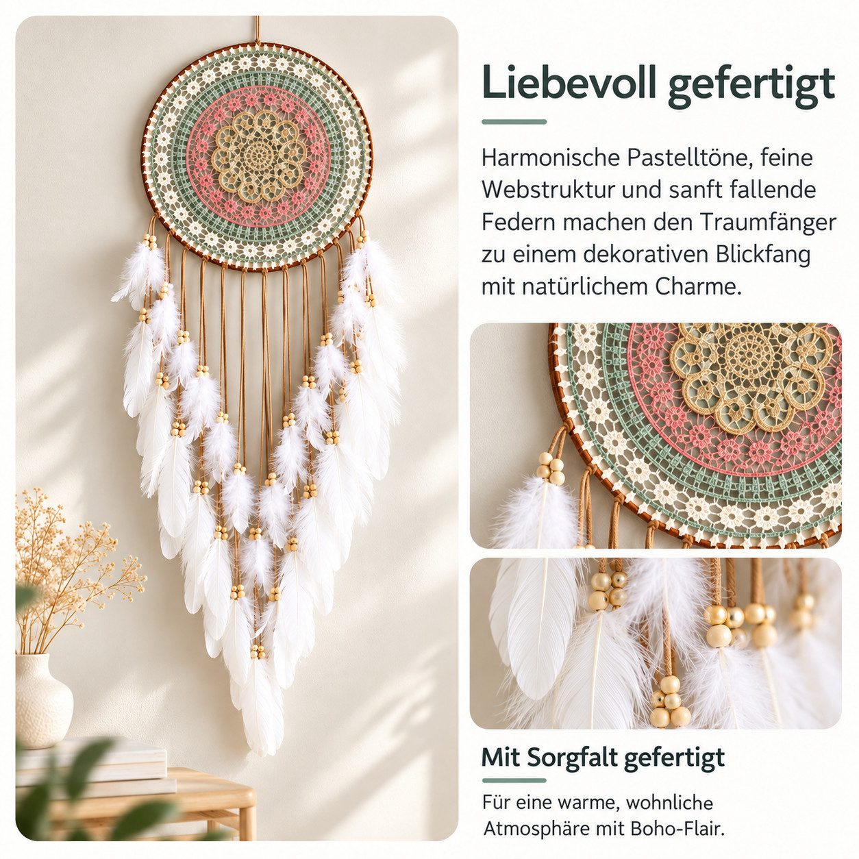 VEKROBOT Hängedekoration Bunter Traumfänger rund Fransen dekorative Wanddeko für Schlafzimmer (Set, 1 St., Traumfänger für die Wohnraumdekoration), Kunstfeder-F – Bild 5 von 5