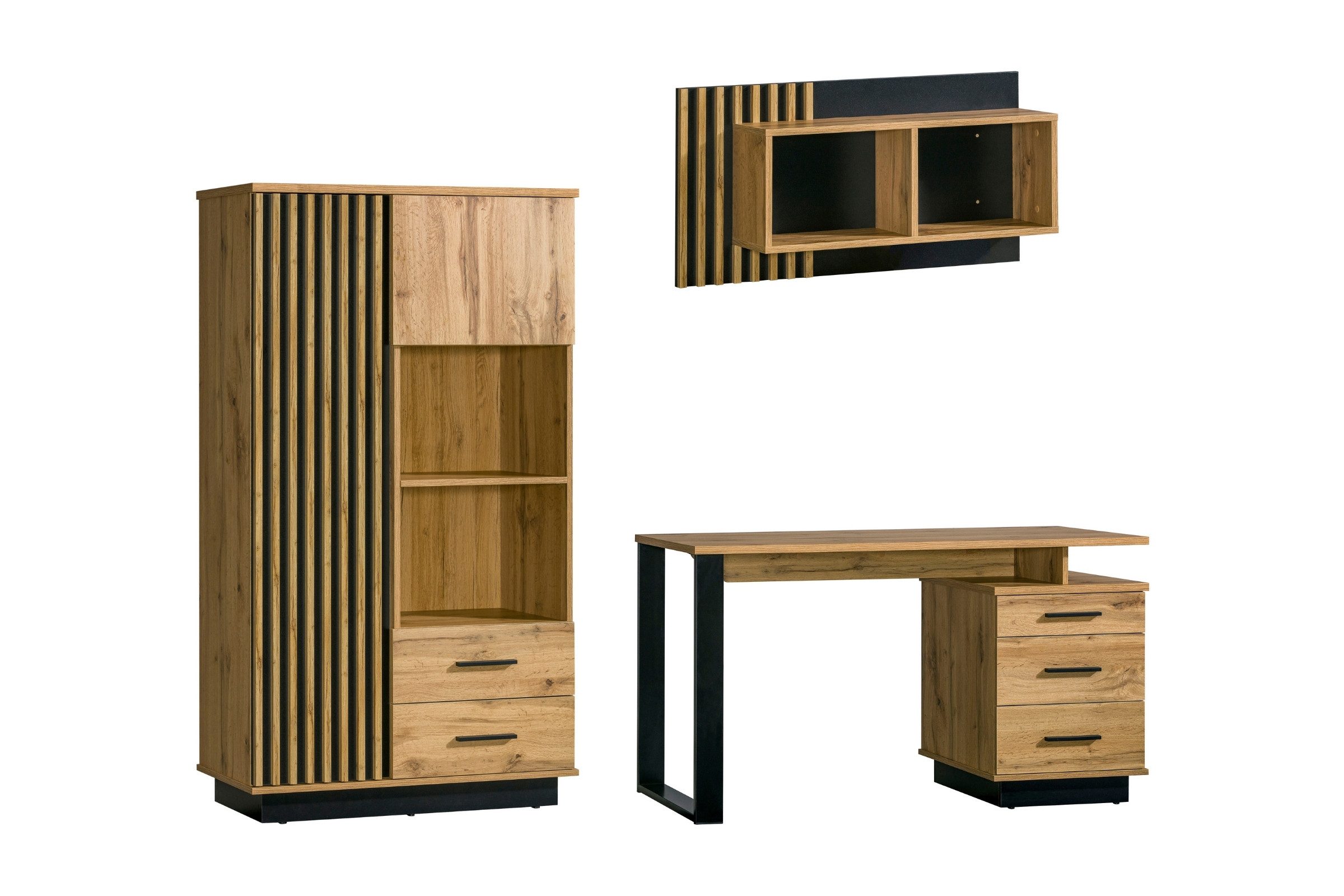 Deine Möbel 24 Jugendzimmer-Set LAMI B Kinderzimmer in Wotan Eiche / Schwarz / Lamellen, (In Scandi- / Industrilalstill, 3-tlg., Kindermöbel in t in Wotan Eiche / Schwarz / mit Lamellen), Viel Stauraum dank Regal, Schreibtisch mit Schubladen & Hängeregal