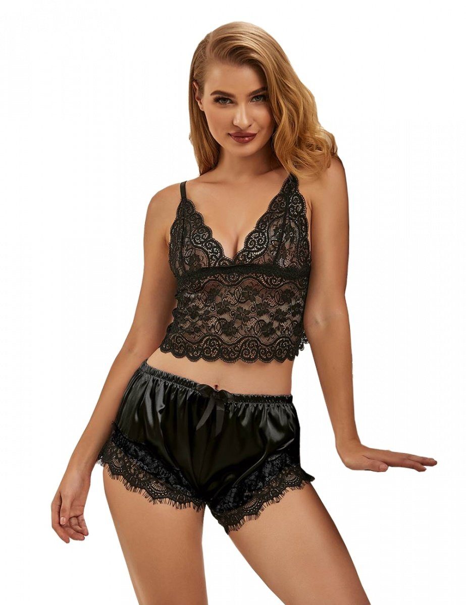 Lau-Fashion Set: Bralette-BH Spitze Frauen Schlafanzug Satin Pyjama Set zweiteilig Nachtwäsche S/XL