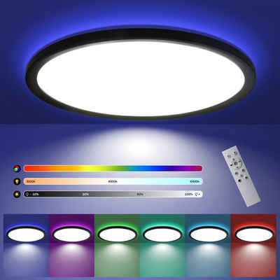 ZMH LED Deckenleuchte IP44 RGB Hintergrundleuchtung 28W Dünn Flach mit Fernbedienung, Dimmbar, LED fest integriert, warmweiß-kaltweiß, Rund