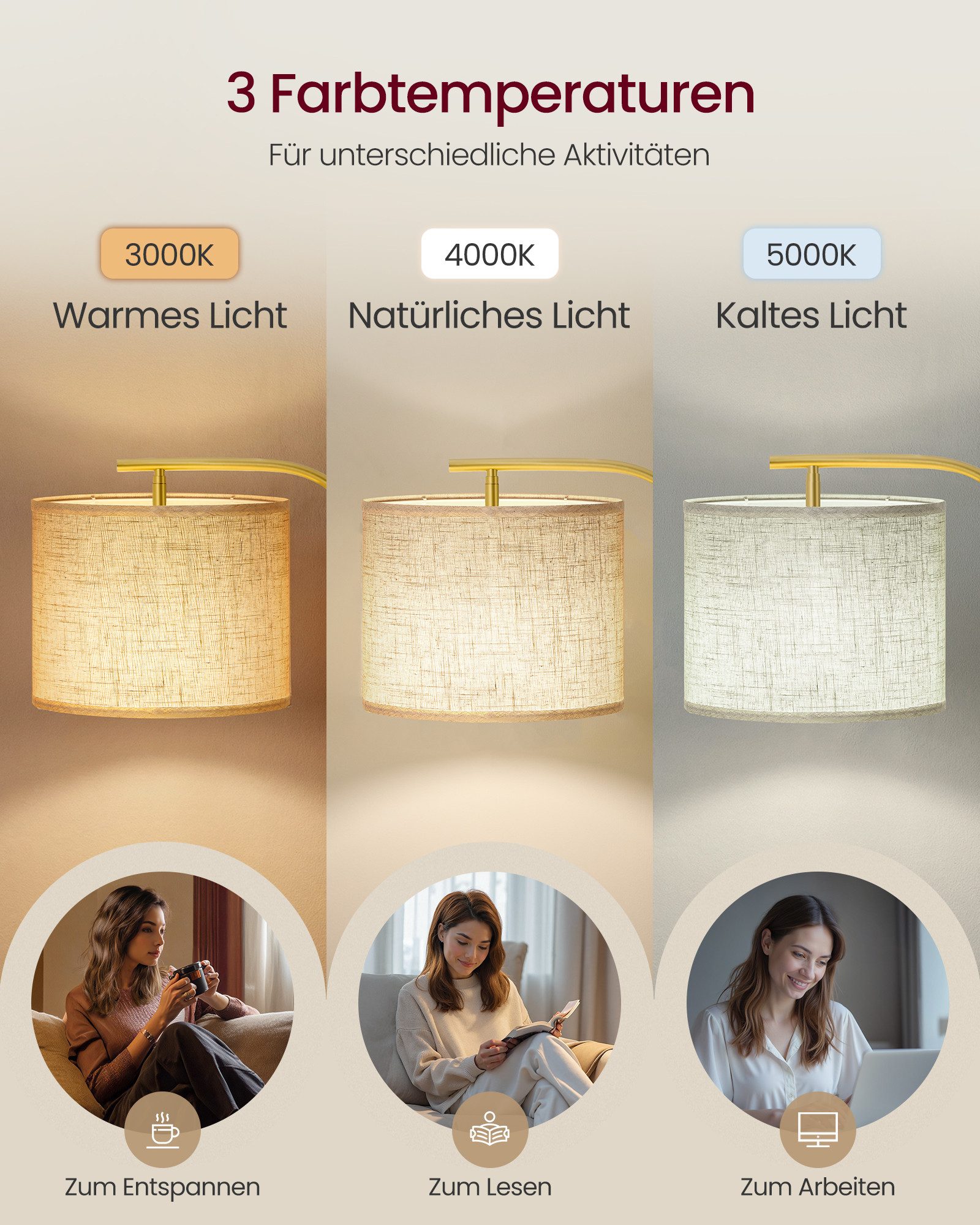 VASAGLE Stehlampe Stehleuchte, Bogenlampe, höhenverstellbare Leselampe, mit 3 Lichtfarben, 150-175 cm hoch, modern, mit Fußtaster, E27 Fassung