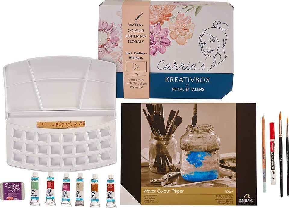 Talens Aquarellfarbe Carrie Morawetz Aquarellset Malkurs Blumen malen lernen, Aquarell Starter‑Set Blumen inkl. ausführlichem Malkurs