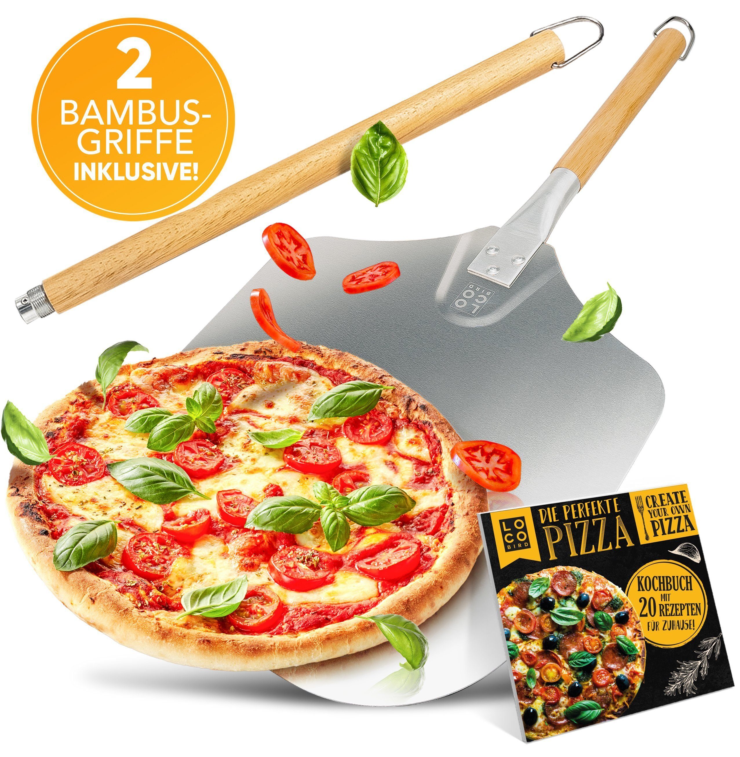 Sidorenko Pizzaschieber aus rostfreiem Aluminium, (Pizzaschaufel mit robustem Gewinde, 4 tlg., inkl. 2 Holzgriffe & Rezeptbuch), Pizzaheber mit abgerundeten Kanten