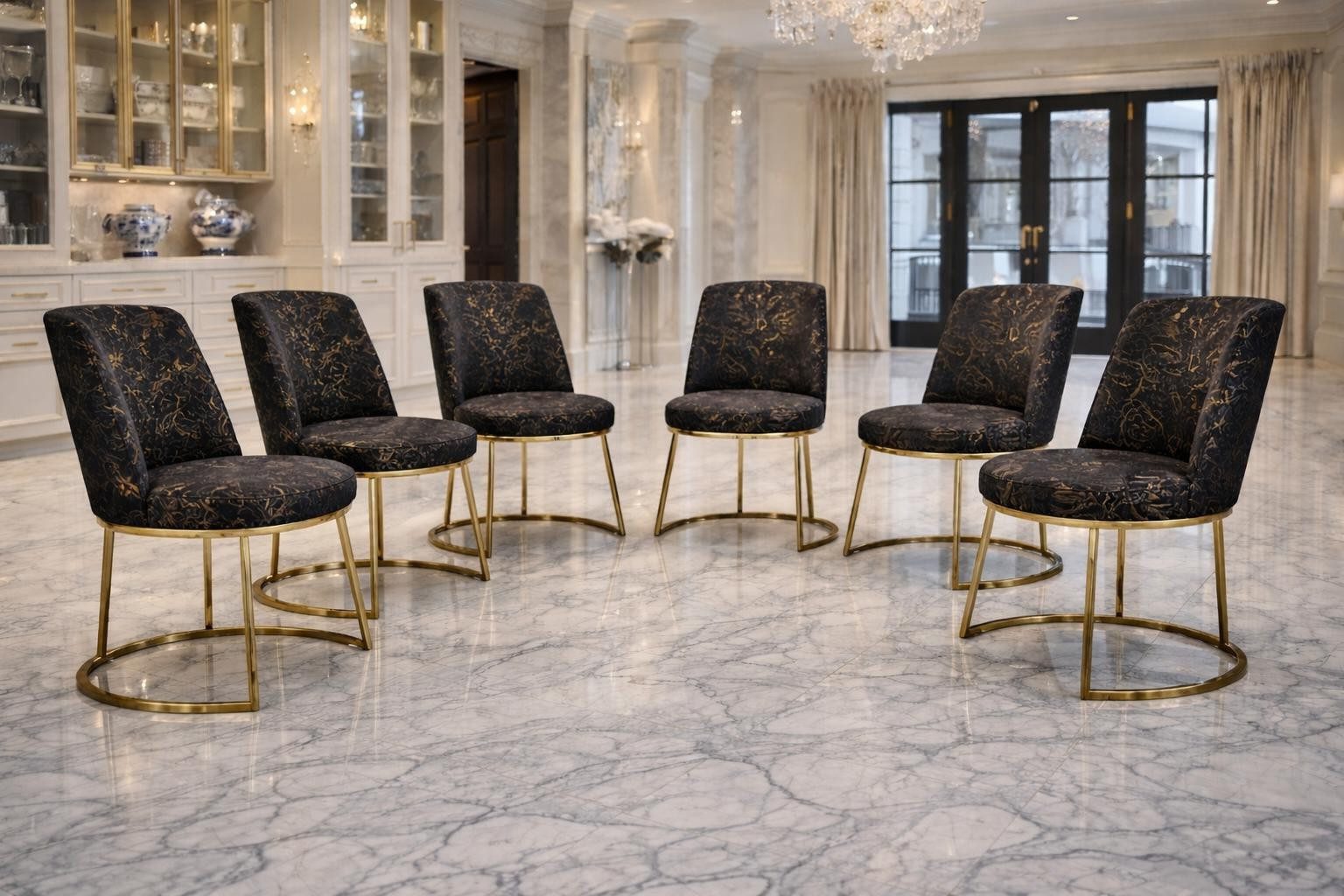 Xlmoebel Sitzgruppe Luxuriöses 6er Set Stühle aus schwarzem Samt mit Goldakzenten, (Stühle, 6-tlg., 6er Set Stühle), Hergestellt in Europa