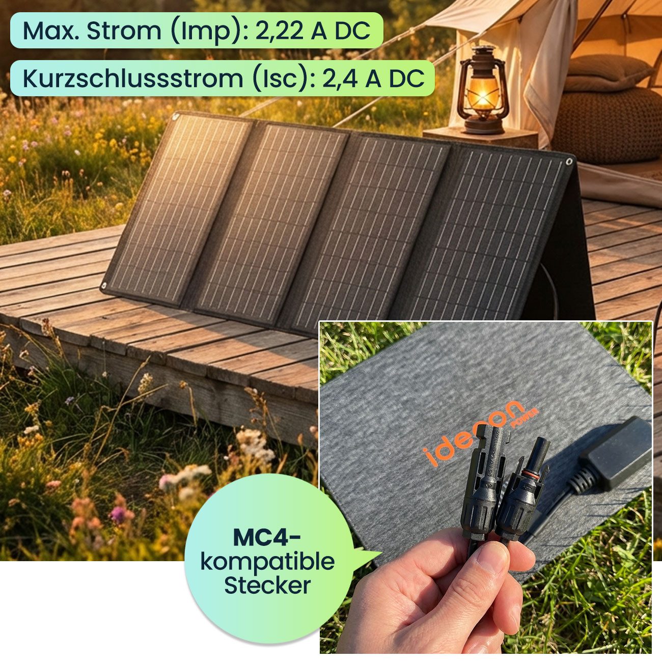 shop'n smile ideoon Solarmodul Faltbares Solarpanel 40 W Monokristallin Tragbares Solarladegerät IP65, 19,5 V nur 885 g Gewicht Leerlaufspg. (Voc): 21,8 V