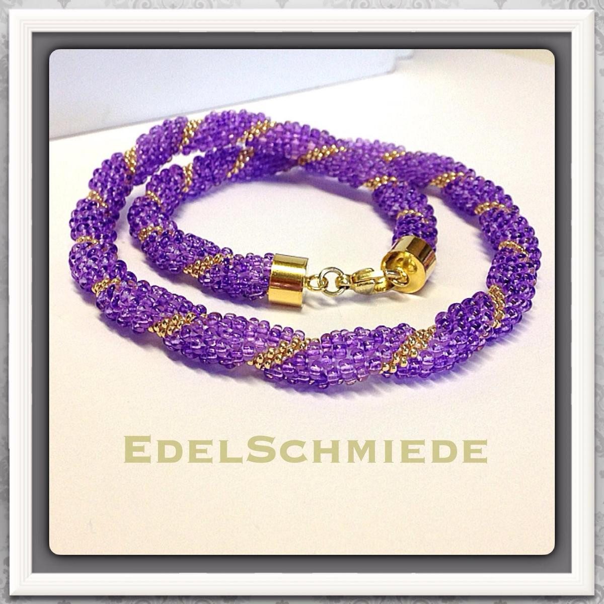 Kette ohne Anhänger Edelschmiede925 Häkelkette in lila mit goldfarb. Perlen 925 verg.
