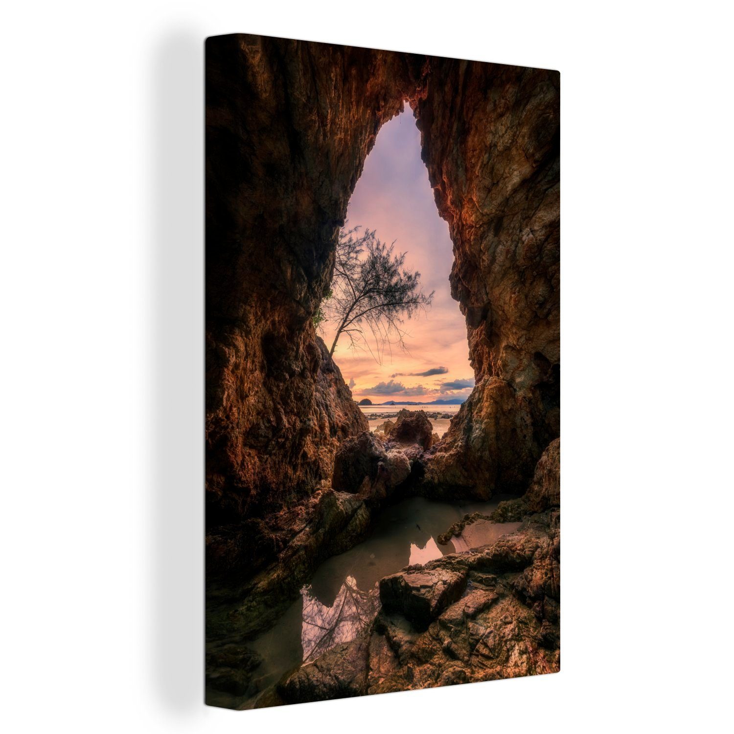 OneMillionCanvasses® Leinwandbild Sonnenuntergang in einer Meereshöhle, (1 St), Leinwandbild fertig bespannt inkl. Zackenaufhänger, Gemälde, 20x30 cm