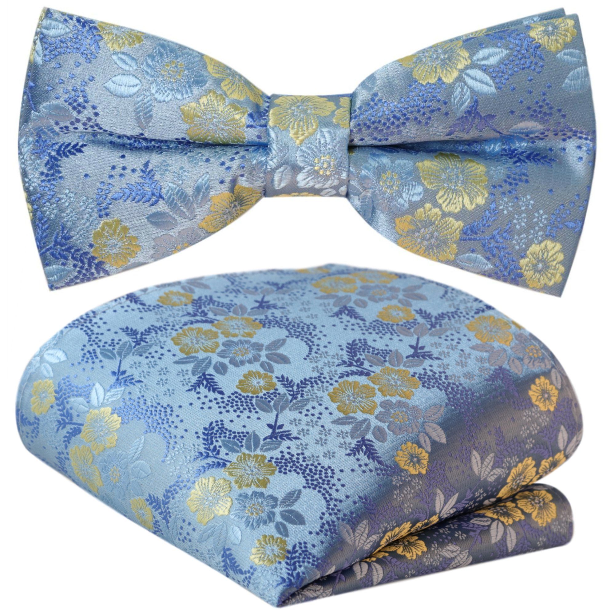 Himmelblau (Set, Hochzeit Paisley Satin, Touch Geblümt Hell-Blau mit Pastell-Blau Floral, Herrenschleife, Jacquard Herren-Fliege 2-St., GASSANI Einstecktuch) Schleife Bunt Verstellbar, Blumen, Sand-Gelb Seide Festlich, Vor-Gebunden Tuch Fliege Hochzeitsfliege