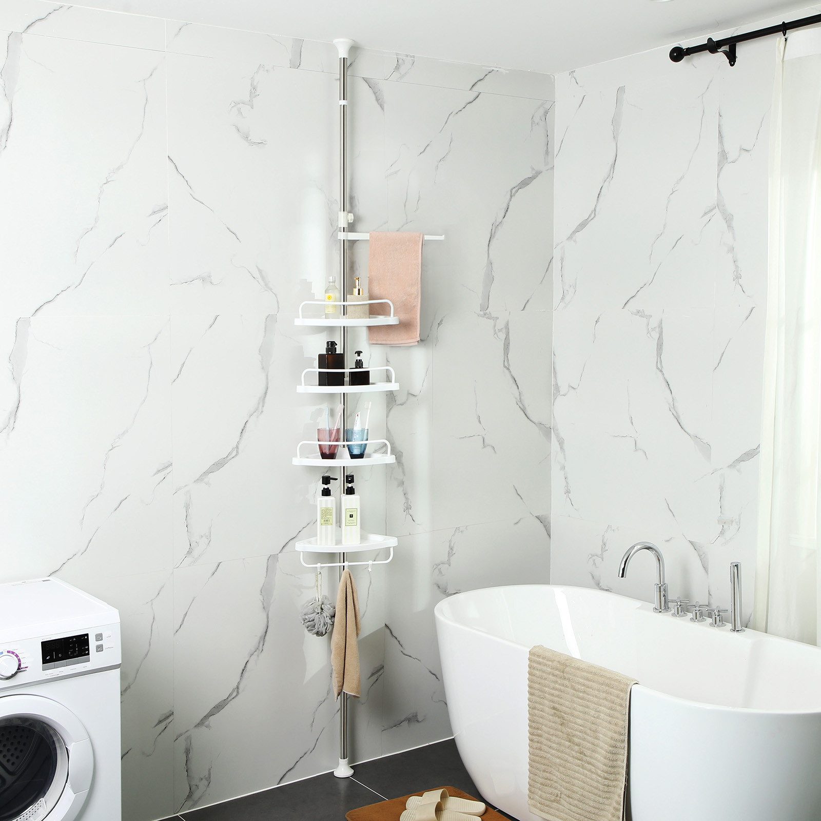 SONGMICS Duschablage Duschregal, höhenverstellbar, 95-300 cm, 4 Ablagen, 3 Haken, Eckregal