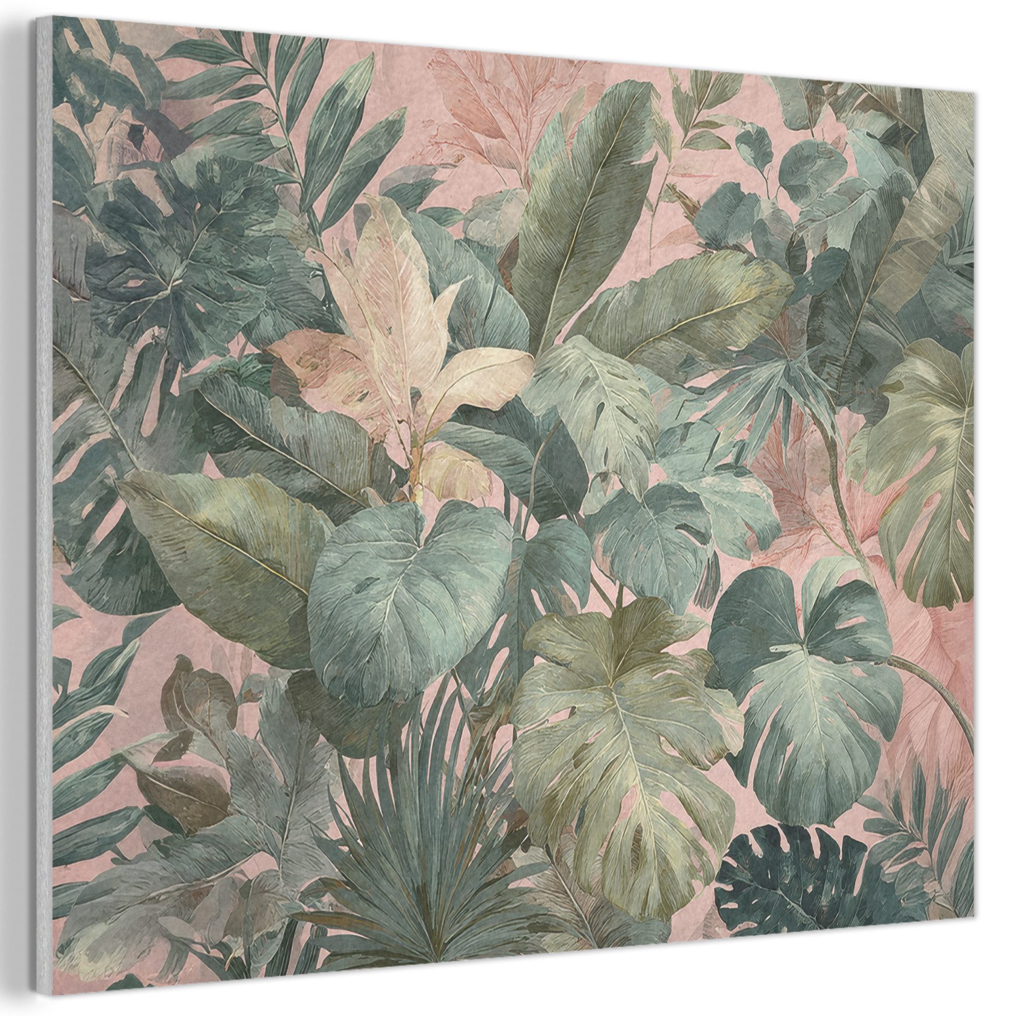 MuchoWow Gemälde Zusammensetzung der Blätter - Grün - Rosa, Fotodruck (1 St), Akustikpaneele PET-Filz, Akustikbild, Schalldämmung, Deko 40x30 cm