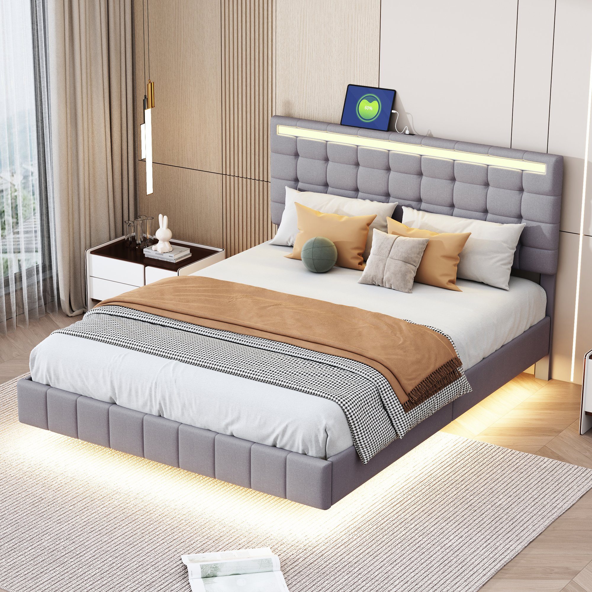 Polsterbett (LED Doppelbett), mit USB Ladefunktion und höhenverstellbarem Kopfteil 140x200cm, Leinen