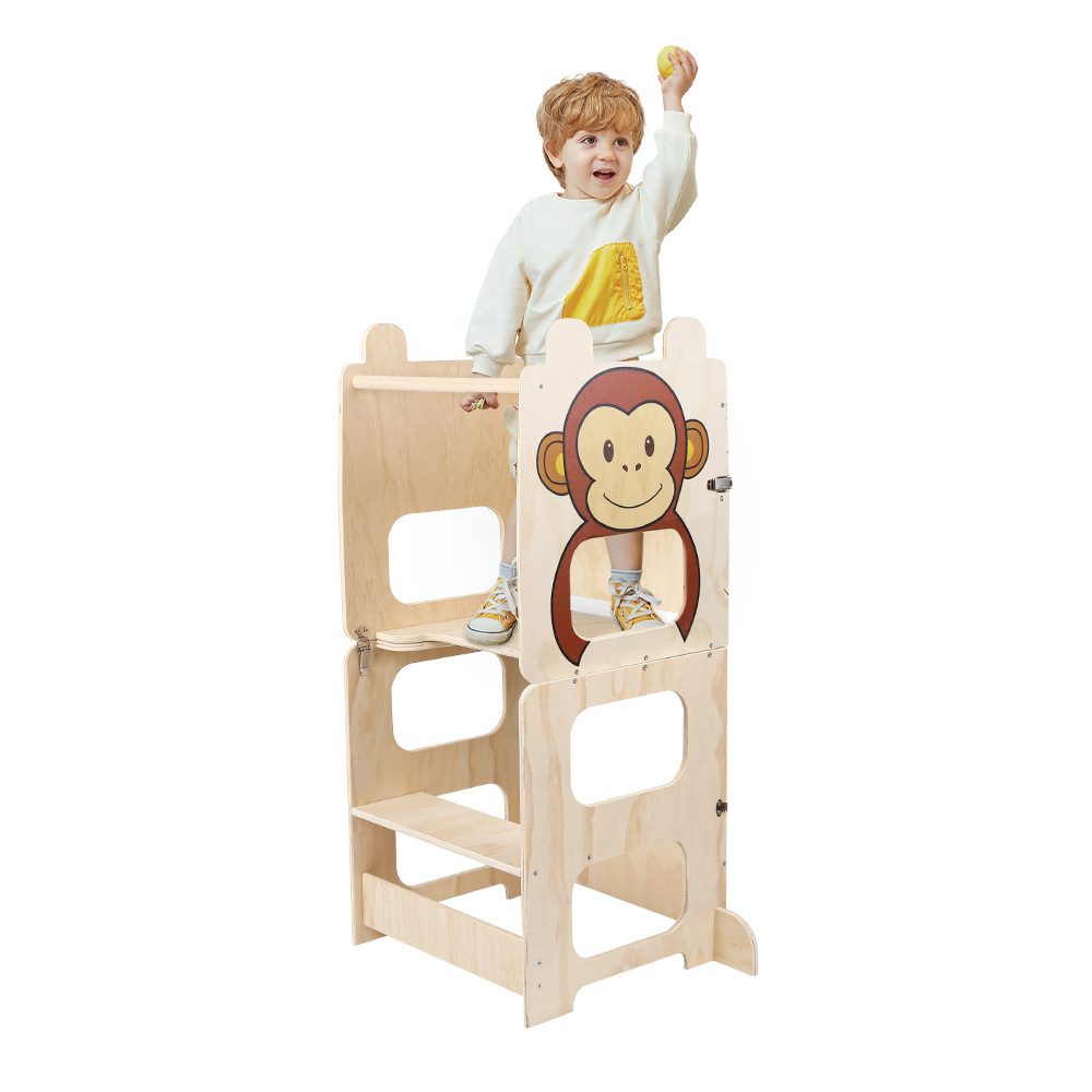 JEOBEST Stehhilfe Kleinkindturm, Lernturm, Stehturm, 3-in-1-Küchenhocker, (1 St, Holz, Klappbar) Helfer mit Kreidetafel