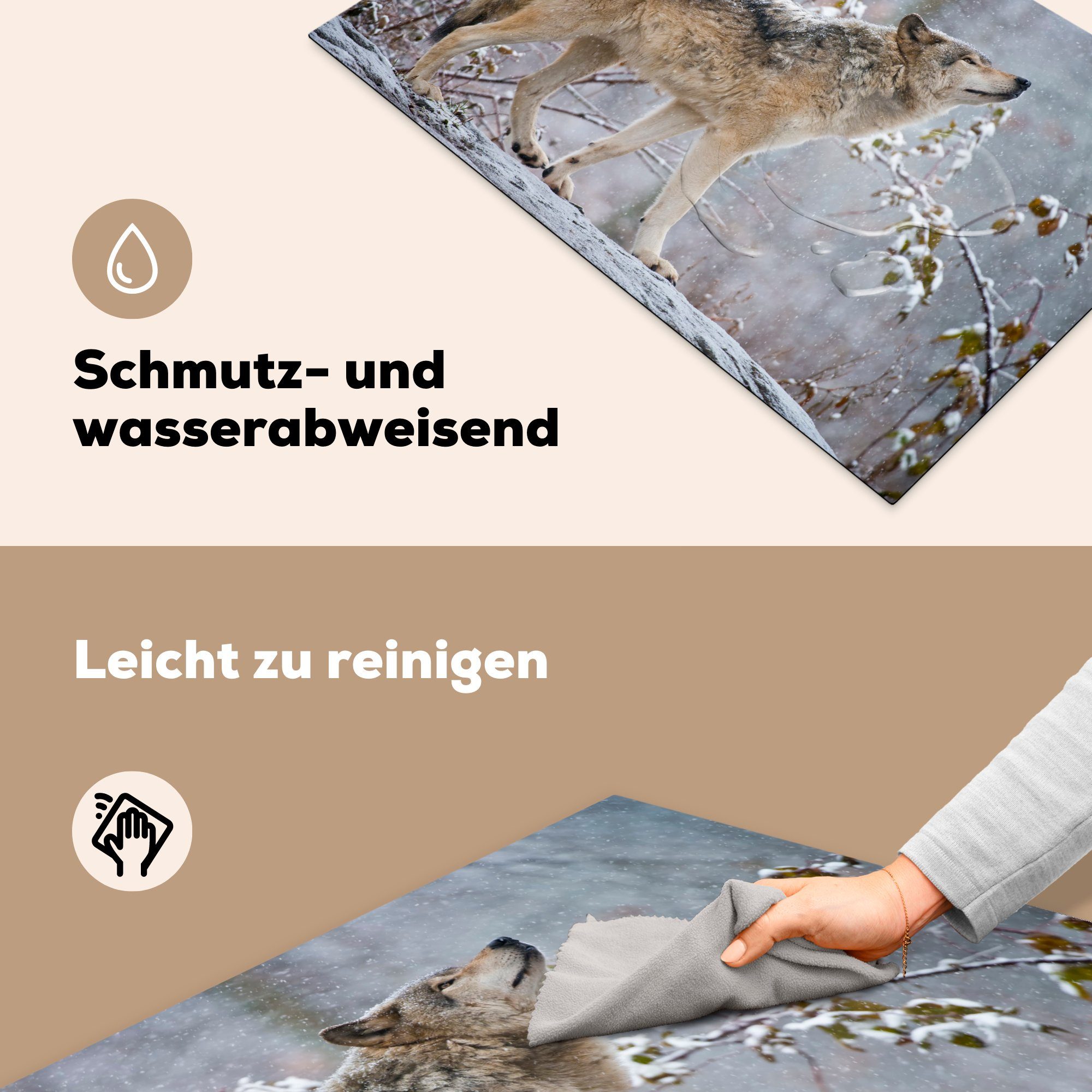 81x52 Winter Induktionskochfeld für Schnee, tlg), küche, (1 die Herdblende-/Abdeckplatte MuchoWow - Wolf Ceranfeldabdeckung - Schutz cm, Vinyl,