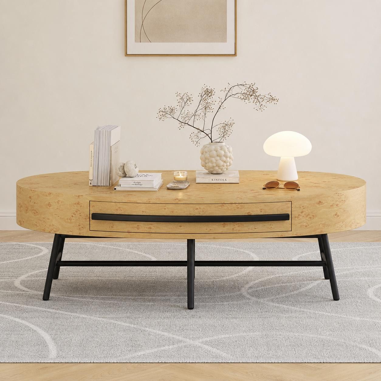 GarveeMore Couchtisch Ovaler Couchtisch Mid-Century aus Holz mit Schublade und Stauraum