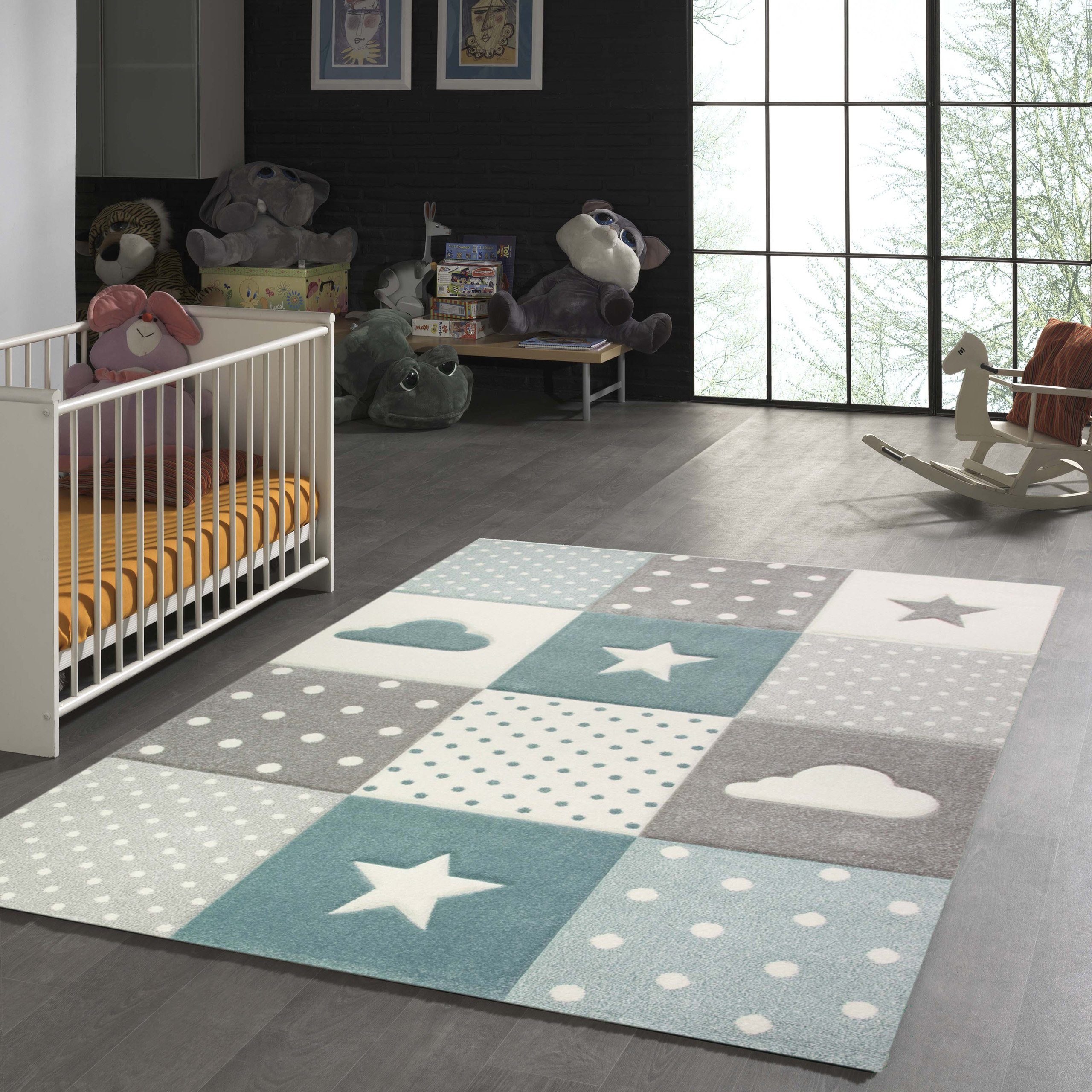 TeppichHome24 Kinderteppich Kinderteppich mit Stern Wolke in Blau Grau Crem günstig online kaufen