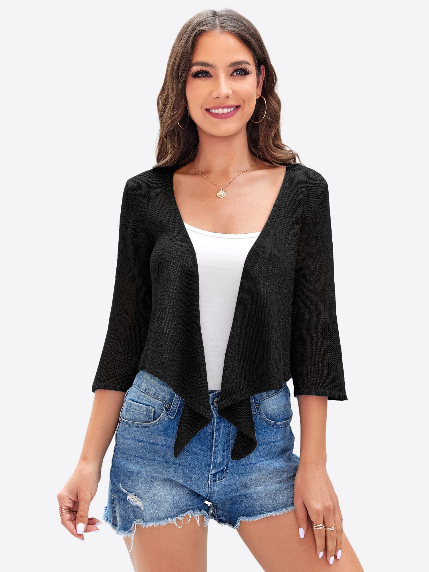 Imily Bela Bolero Damen Shrug Stricken 3/4-Ärmel Bindegürtel Knoten Sweater (Packung, 1-tlg., 1per-Pack) gehäkelt in Unifarbe