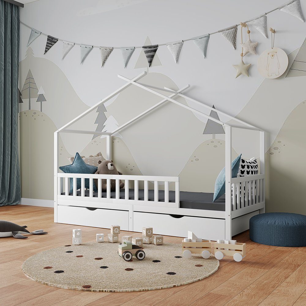 VitaliSpa® Hausbett Franka, Weiß, 90x200 cm mit 2 Schubladen, mit Rausfallschutz