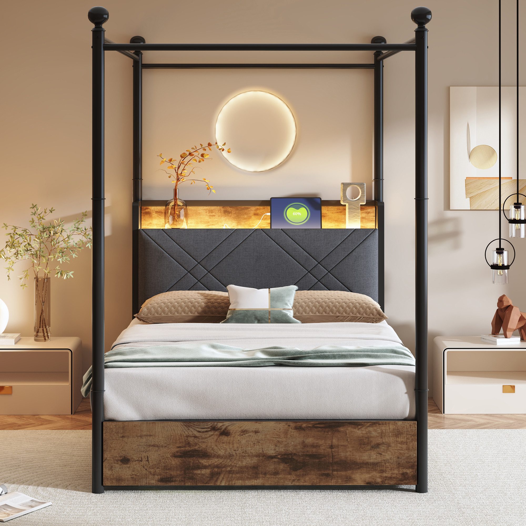 HAUSS SPOLE Stauraumbett 90x190 mit LED&Schubladen,Jugendbett Bettgestell mit USB+TYPE-C (mit LED & USB/Typ-C, Stauraum, abnehmbarem Baldachin, Smart-Himmelbett 90x190 cm), ohne Matratze