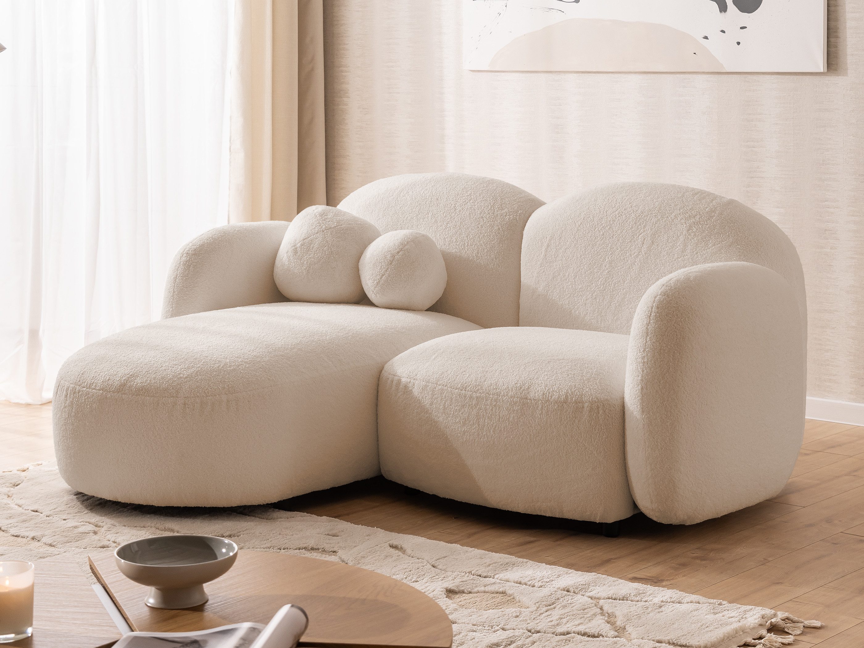 S-Style Möbel Ecksofa Nuvola aus Bouclé-Stoff mit abgerundetem Design und hohem Sitzkomfort, mit Wellenfederung