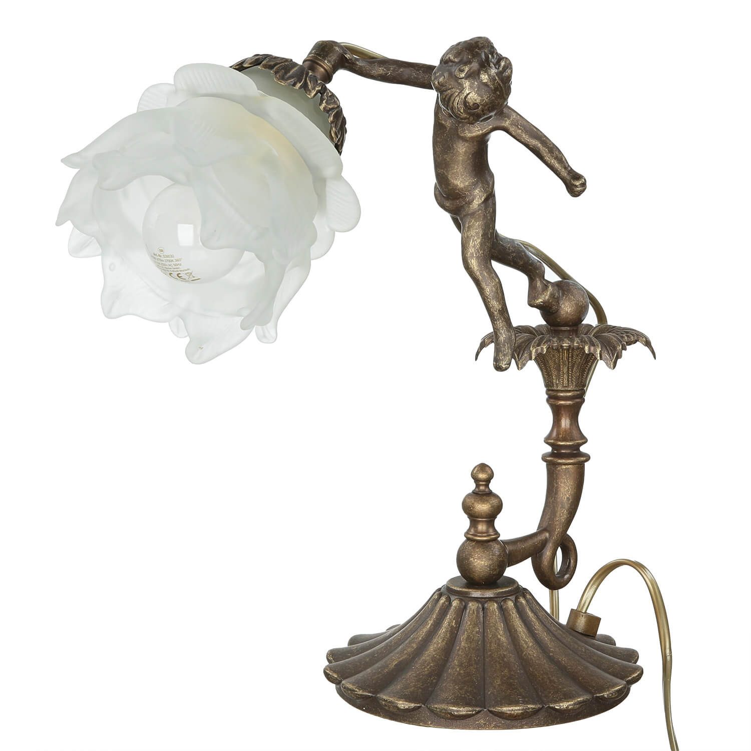 Licht-Erlebnisse Tischleuchte PUTTI, ohne Leuchtmittel, Tischlampe Echt-Messing Glasschirm Blütenform Handarbeit Jugendstil