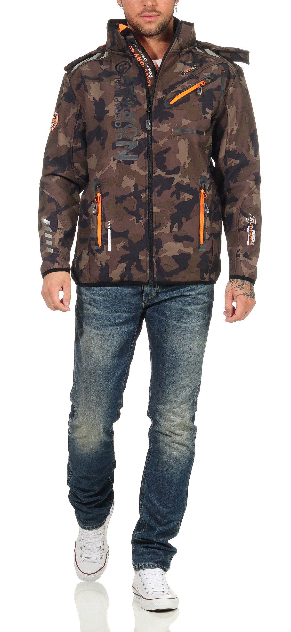 Herren Softshelljacke Sport leyoley abnehmbarer Windbreaker, Übergangsjacke, / Jacke Geographical G-River Norway Geographical - Kapuze, Norway Softshelljacke Khaki Orange Camo by mit Wander