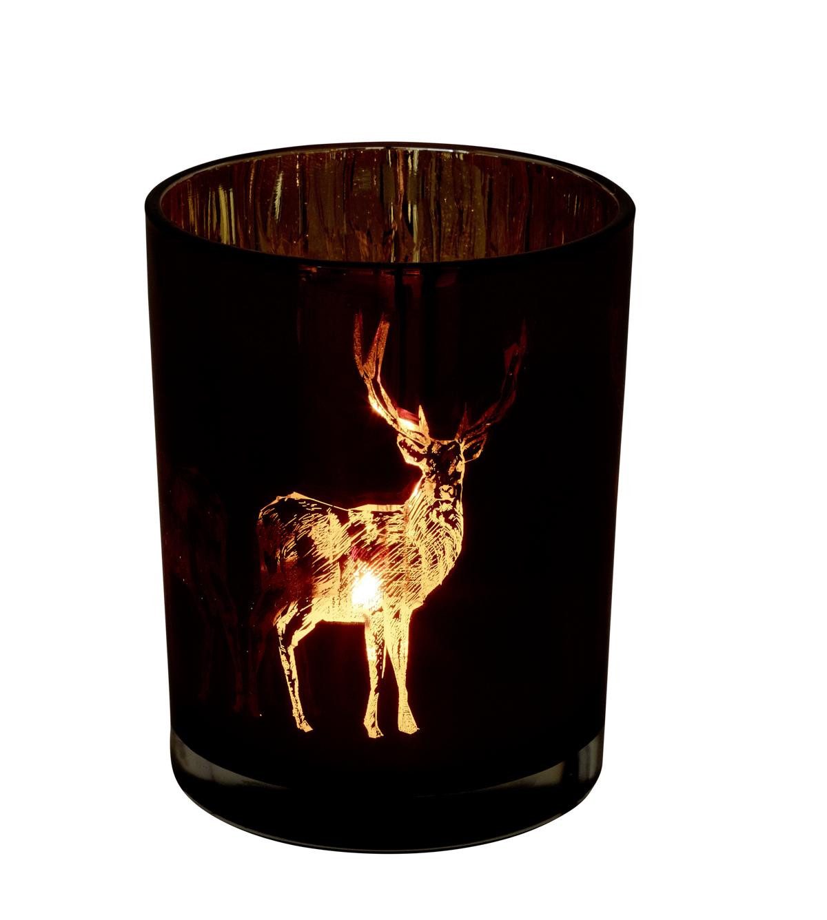 EDZARD Windlicht Dian, Glas, Hirsch-Motiv, kupferfarben, H 12,5 cm, Ø 10 cm