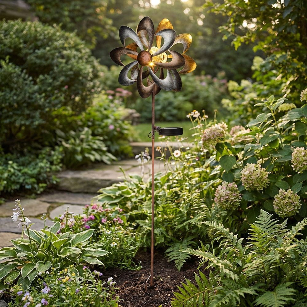 Haushalt International LED Solarleuchte, LED-Leuchtmittel fest verbaut, Warmweiß, LED Solarleuchte Gartendeko Windrad Blume Erdspieß Außenlampe 92 cm 2x