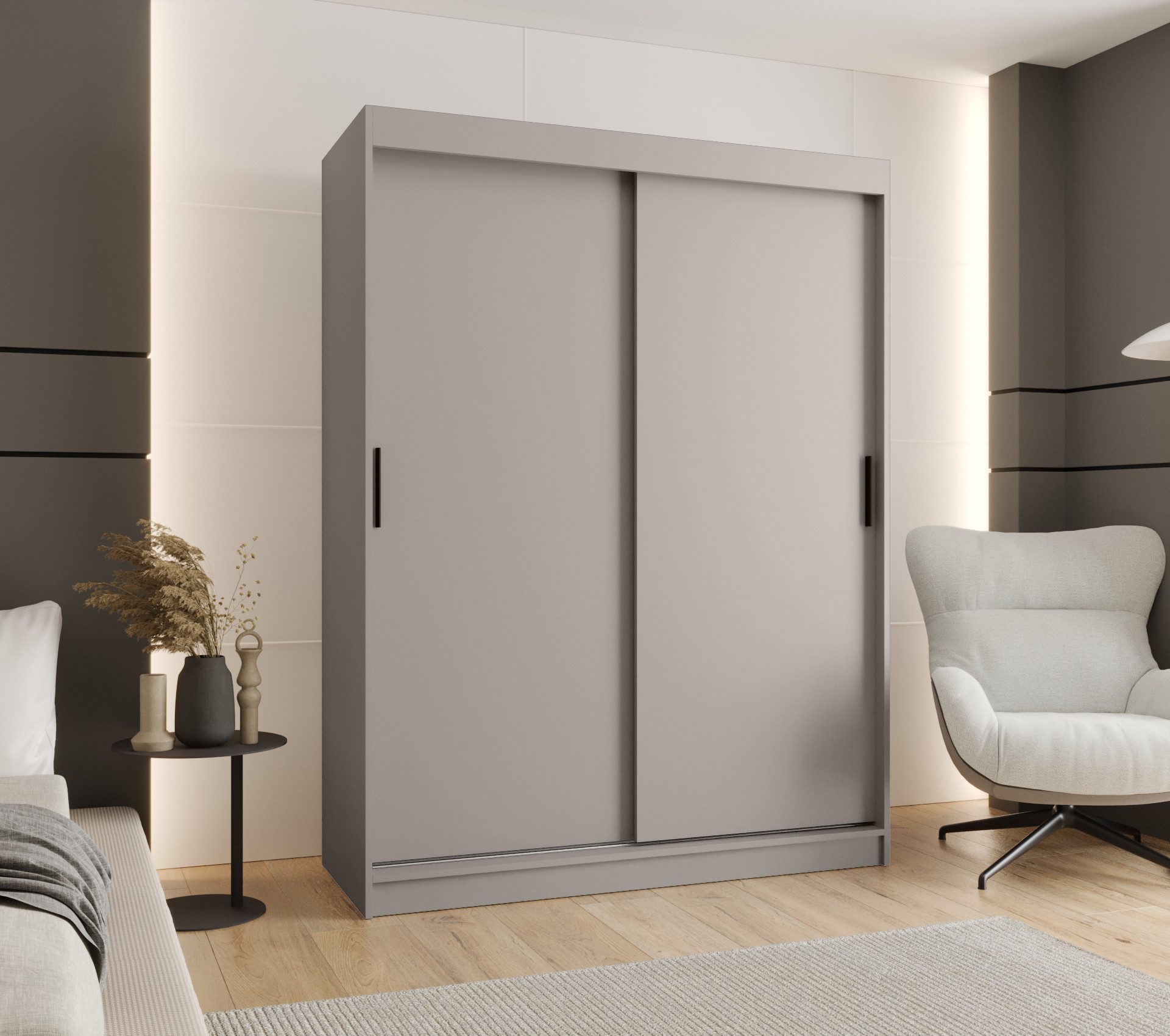 MOEBLO Schiebetürenschrank VELARO T (Moderner Kleiderschrank mit Schiebetüren, Kaschmir & schwarzen Griffen, flexibel einteilbar, mit optionalen Schubladen) (BxHxT):(BxHxT): 100/120/150/180/200/250 x 200 x 62 cm