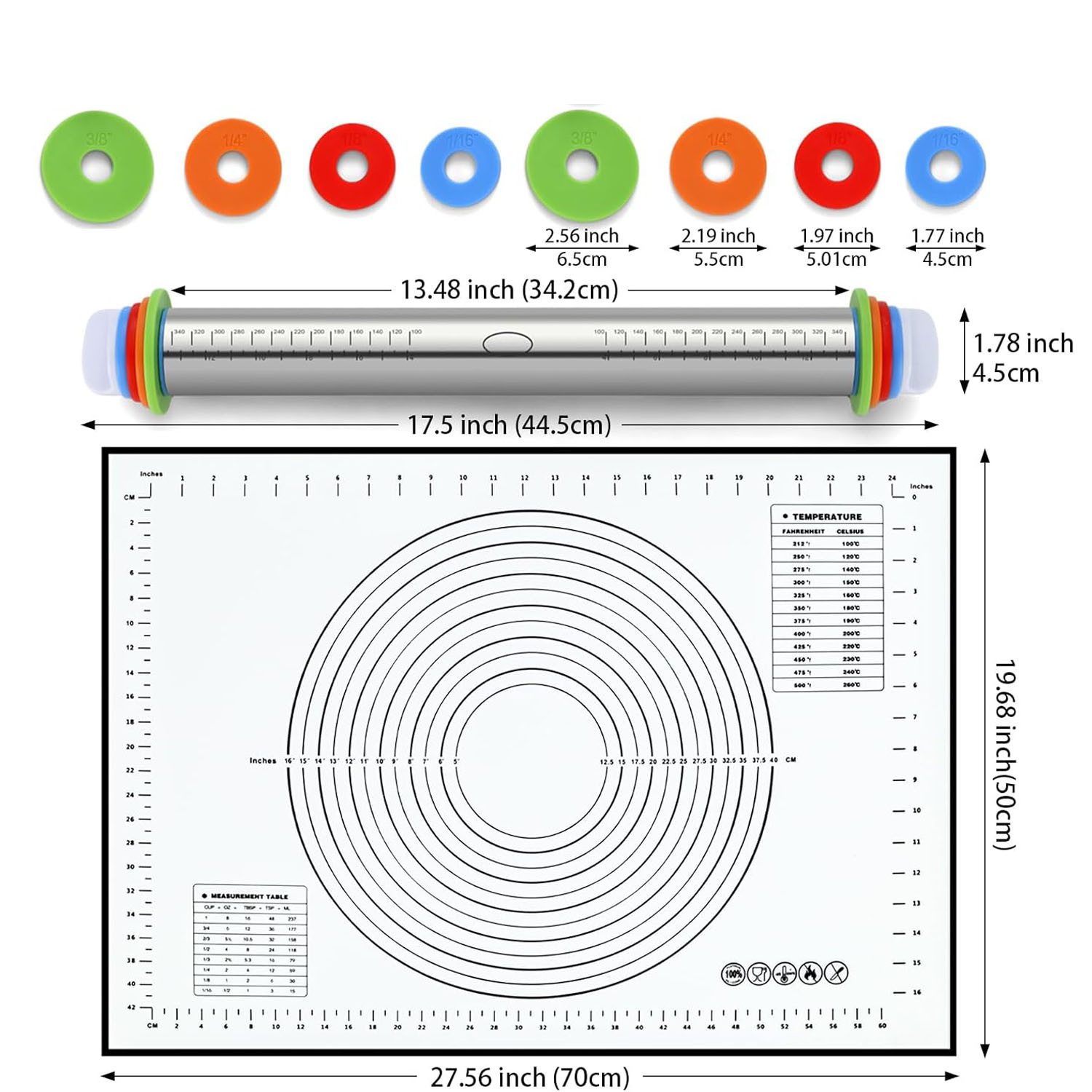 SURFOU Nudelholz Edelstahl Einstellbares 1 Teigroller 1 Silikon Backmatte, für Pizza Kekse Pfannkuchen Pasta Backen Utensilie