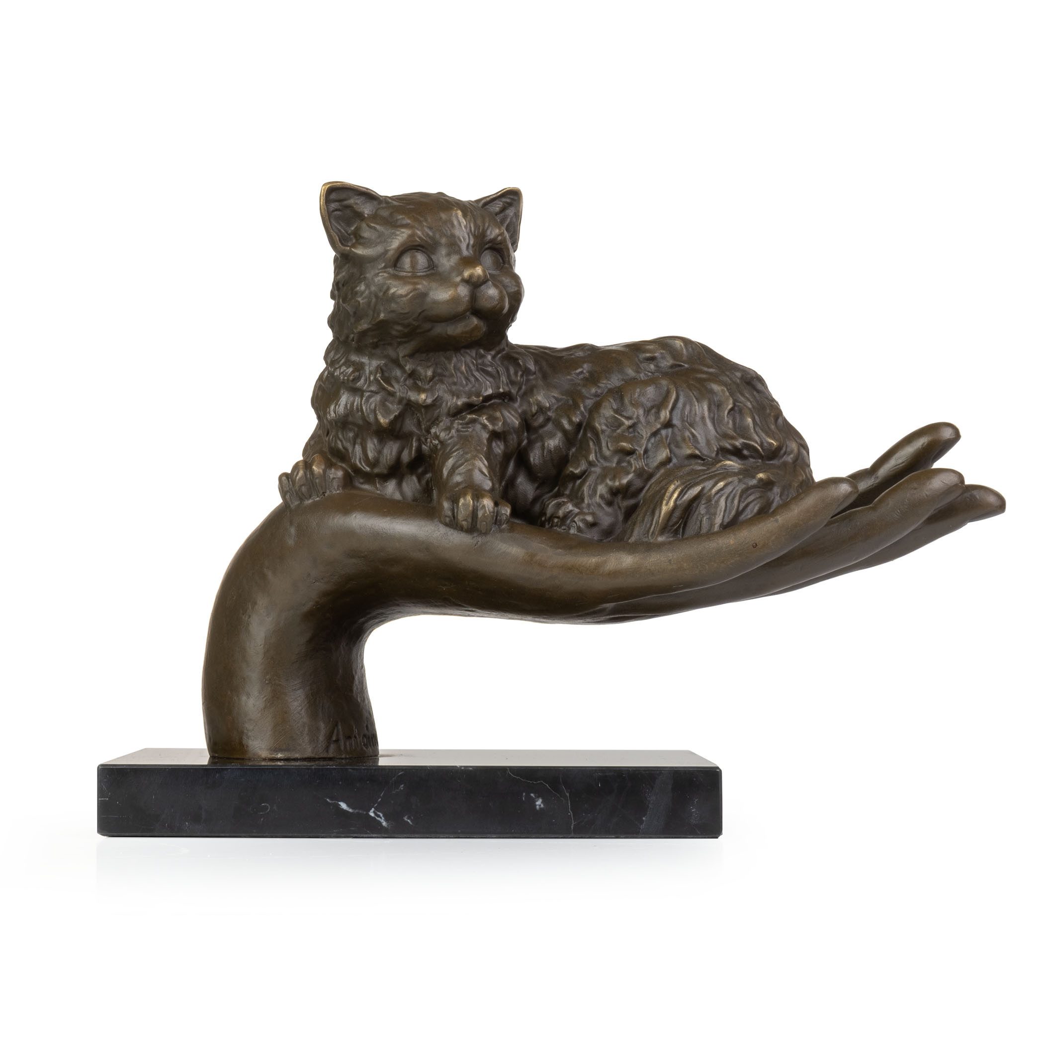 Moritz Tierfigur Katze auf offener Hand Bronze Dekofigur Marmorsockel H 19.5 cm (Einzelartikel, kein Set)
