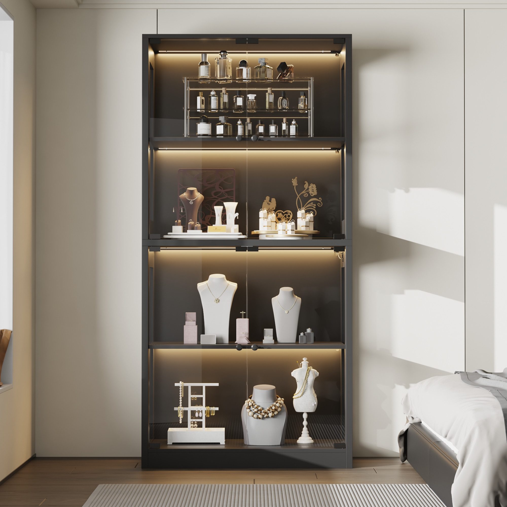 FUFU&GAGA Glasvitrine Sammelvitrine 165-200cm hoch, Vitrinenschrank mit LED Beleuchtung