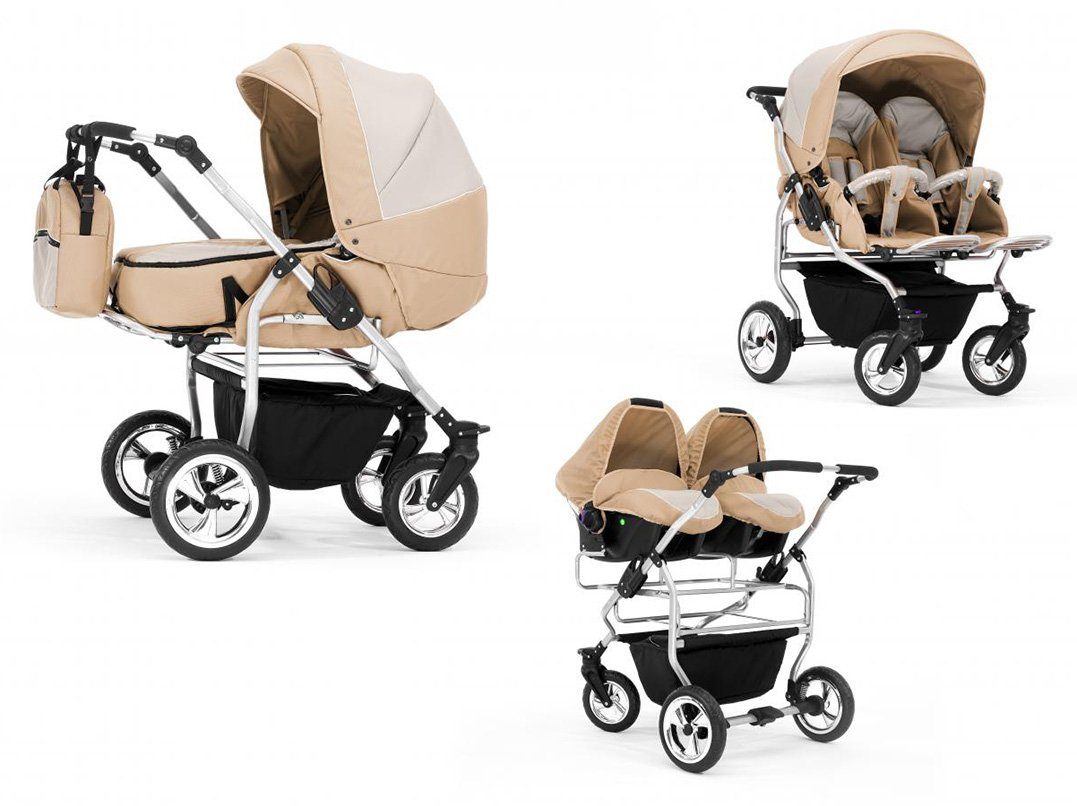 Elcar Zwillings-Kombikinderwagen Zwillingskinderwagen 3 in 1 Duo - 13 Teile - in 38 Farben Beige-Creme