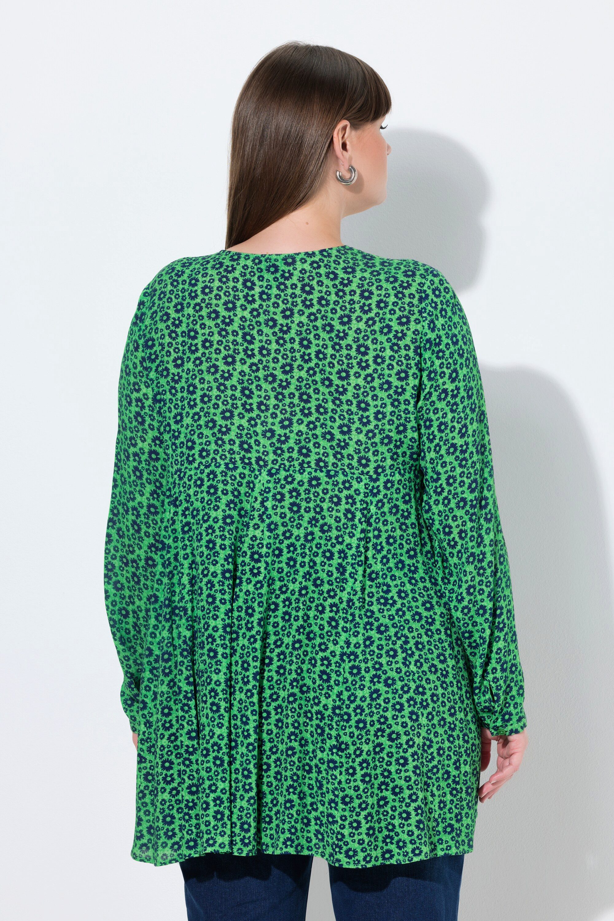 Ulla Popken Longbluse Bluse Blüten A-Linie Carré-Ausschnitt Langarm