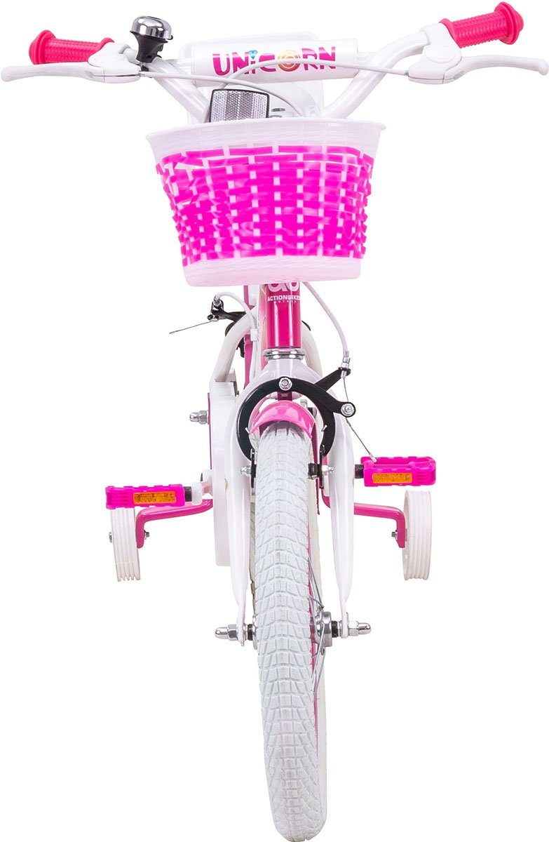 Actionbikes Motors Girls' Bicycle, Unicorn Design, Includes Doll Seat & Basket, 1-Speed, No Gears, (Unicorn Design, 16-inch, Suitable for children 105 cm and taller, 40 kg maximum load, Training Wheels, Bell, Reflectors, Non-Slip Grips, Handlebar Protector, V-Brake, Pneumatic Tires, Mudguards, Pink/White), Height-Adjustable Bike, Suitable for children 4 years and older