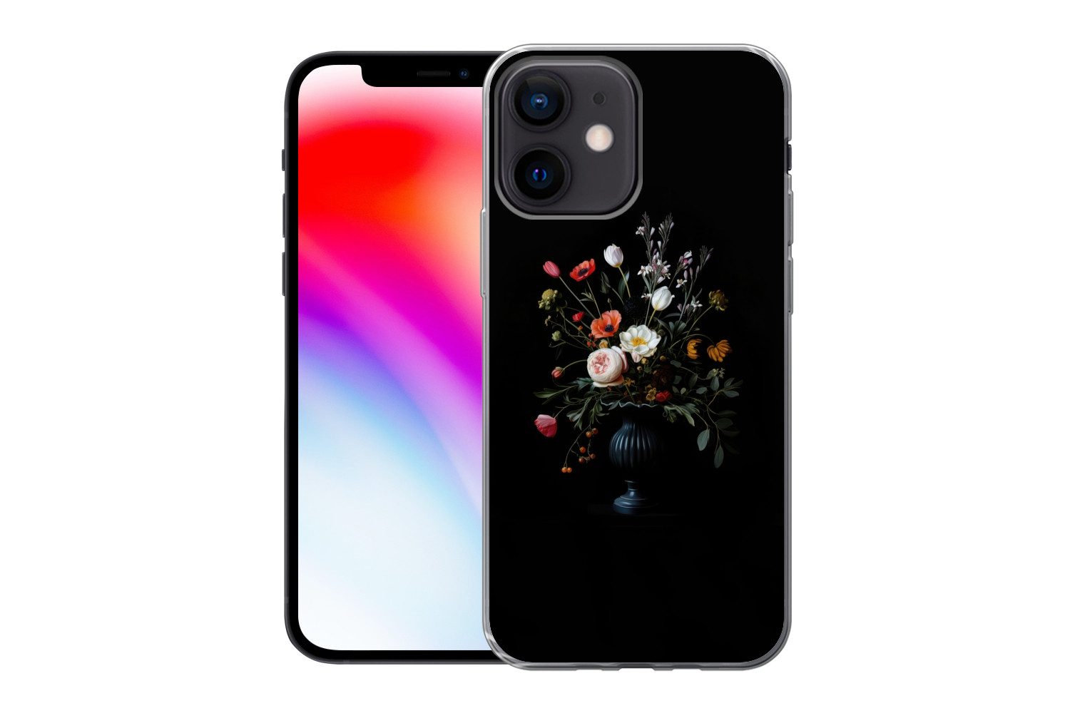 MuchoWow Handyhülle für Apple iPhone 12 Mini Blumenarrangement - Vase - Schwarz, Smartphone-Bumper, Print, Handy Schutzhülle Dünn