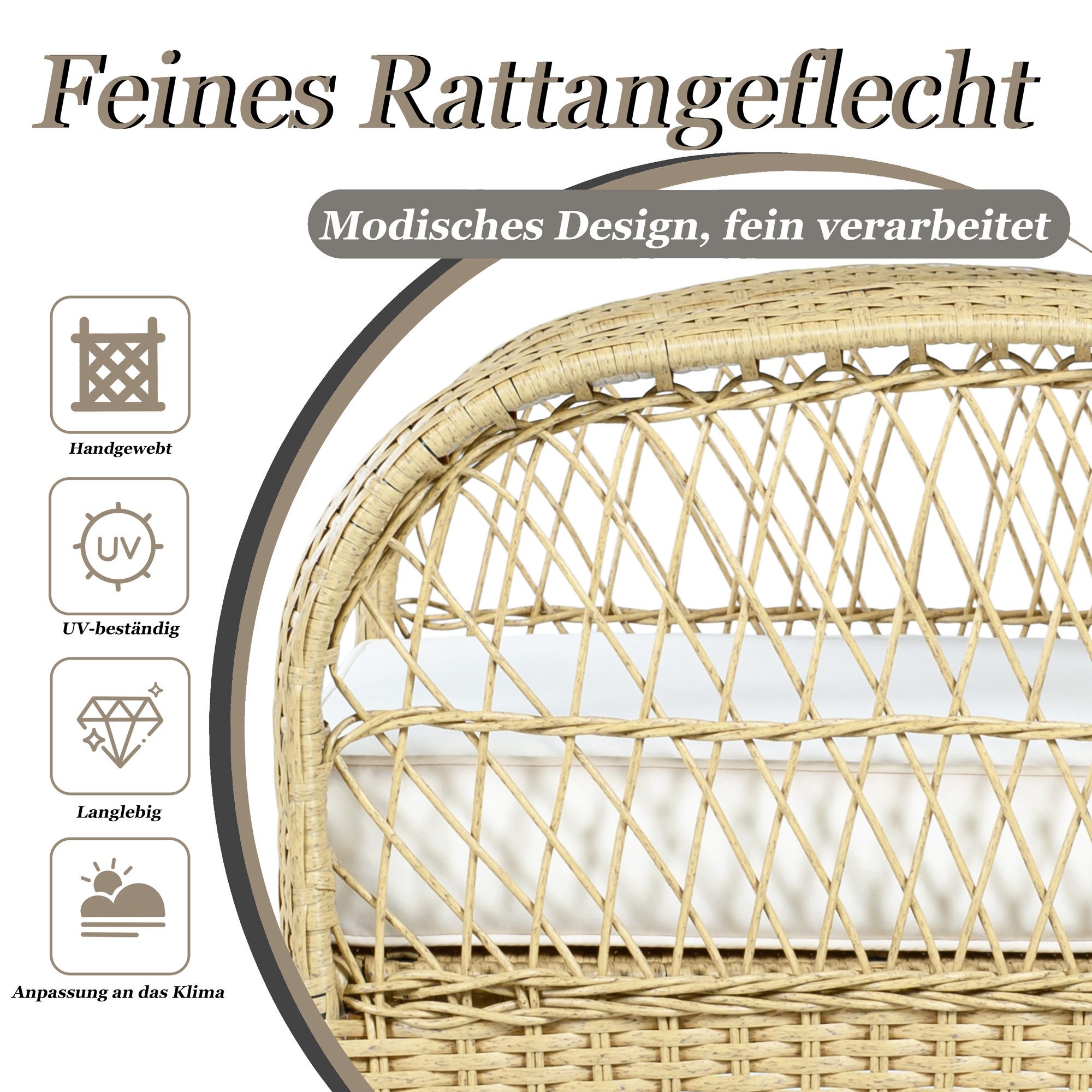 Celya Balkonset Balkonmöbel Set 2 personen Rattan, Balkonmöbel, 3-teilig, (Zwei Schaukelstühle mit sanfter Wippfunktion, Tragkraft 160 kg), Akazienplatte mit grauen Kissen