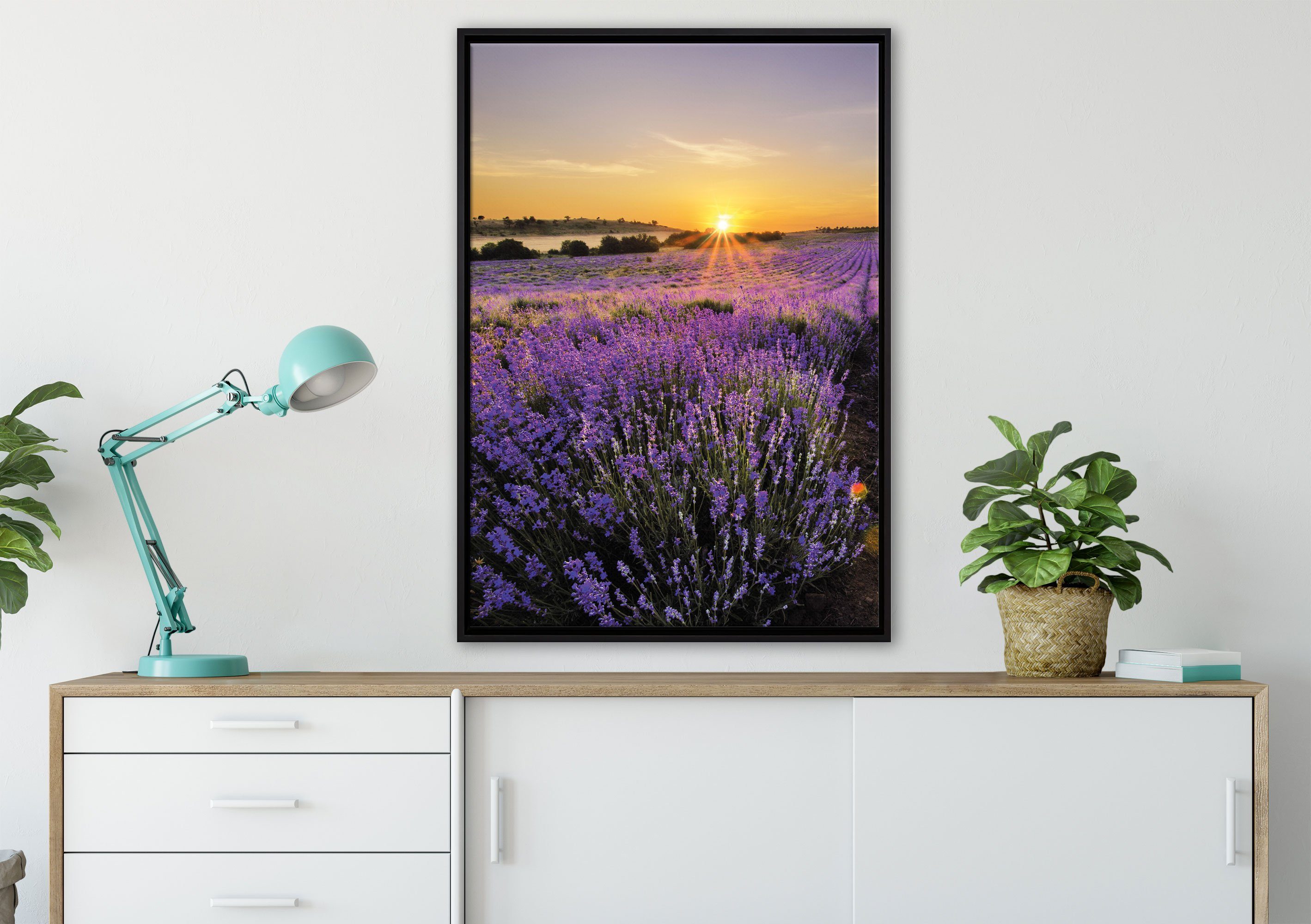 Pixxprint Leinwandbild Lavendelfeld in Schattenfugen-Bilderrahmen Leinwandbild inkl. gefasst, fertig bespannt, Zackenaufhänger Frankreich, Wanddekoration (1 einem St), in