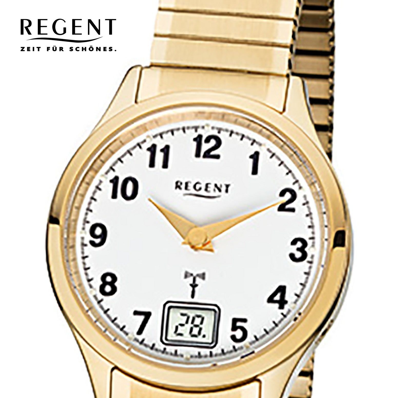 gold, Regent Damen-Armbanduhr Funkuhr (ca. Funkuhr 29mm), Regent rund, Edelstahlarmband klein Damen