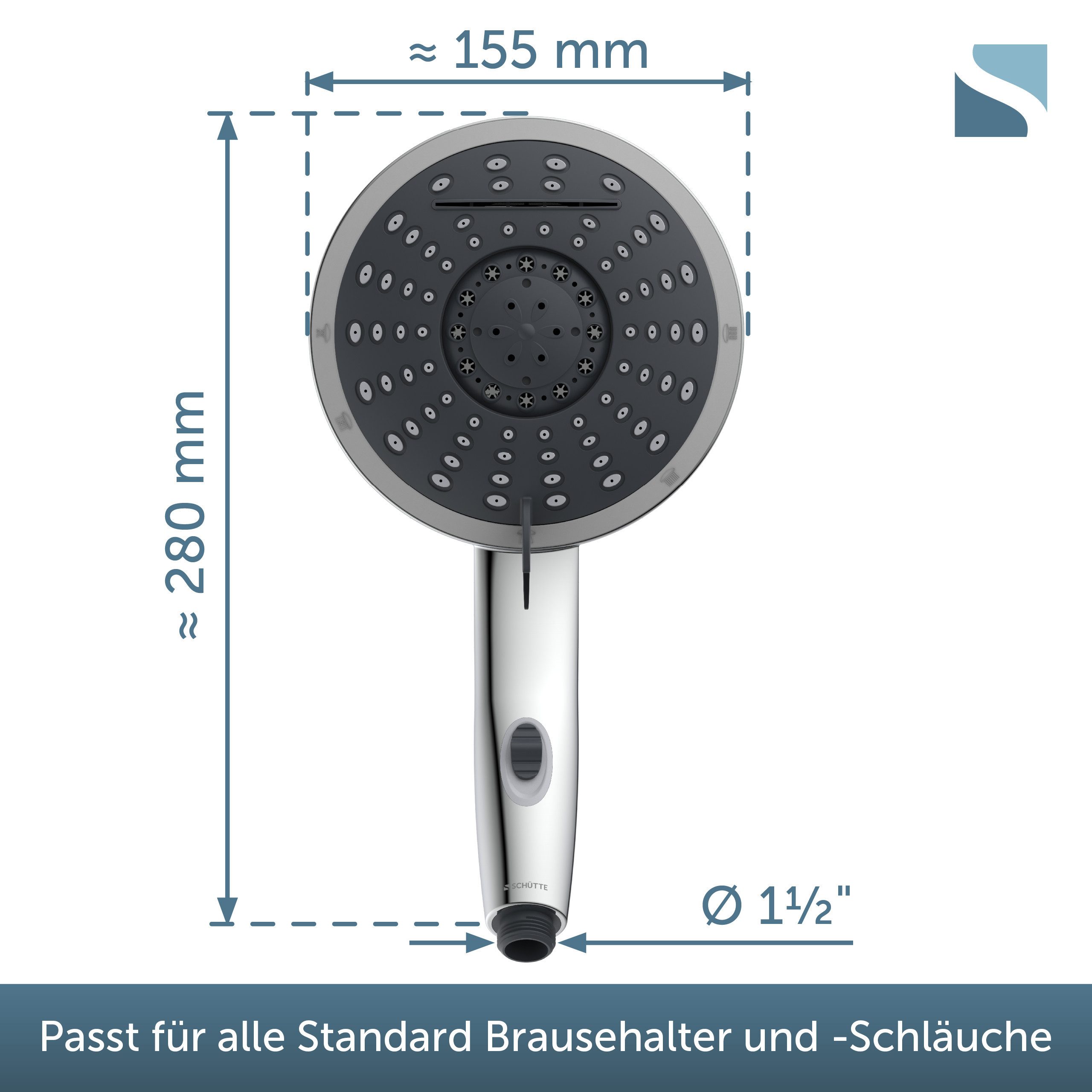 Schütte Handbrause Wasserfall, mit 5 Strahlarten, chwallauslauf, Brausekopf mit Wasserstopp-Funktion