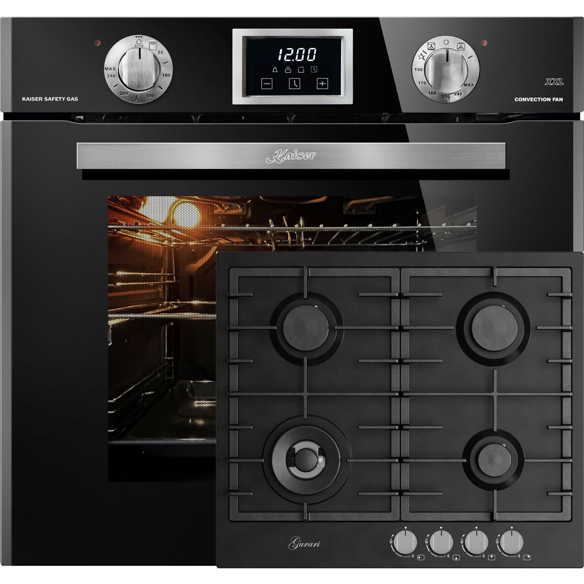 Kaiser Küchengeräte Backofen-Set Herd set Autark Einbaubackofen, 79 L, autark,Erdgas,Propangas+Gaskochfeld 60 cm, Schwarz 4,0 KW WOK, 4 Gasbrenner,Autark EG 6374 SP+GCH FB 604 BL.., mit 1-fach-Teleskopauszug