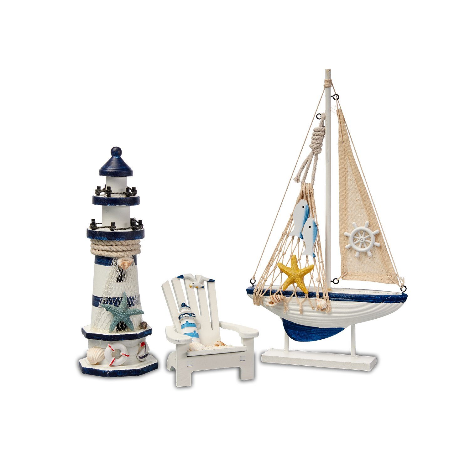 Flanacom Badaccessoires-Sets Maritime Badezimmer Deko - Holz Decor  Accessoires, 3er Set, Leuchtturm, Segel-Schiff und Strand-Stuhl