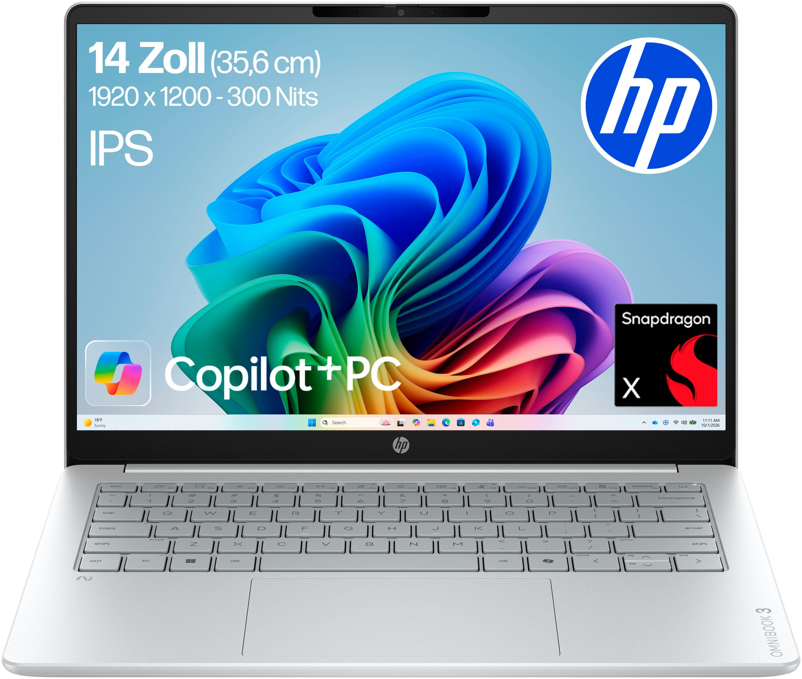 HP OmniBook 3 14-hz0351ngx Notebook (35,6 cm/14 Zoll, Snapdragon X X1-26-100, Adreno, 16 GB, 512 GB SSD)