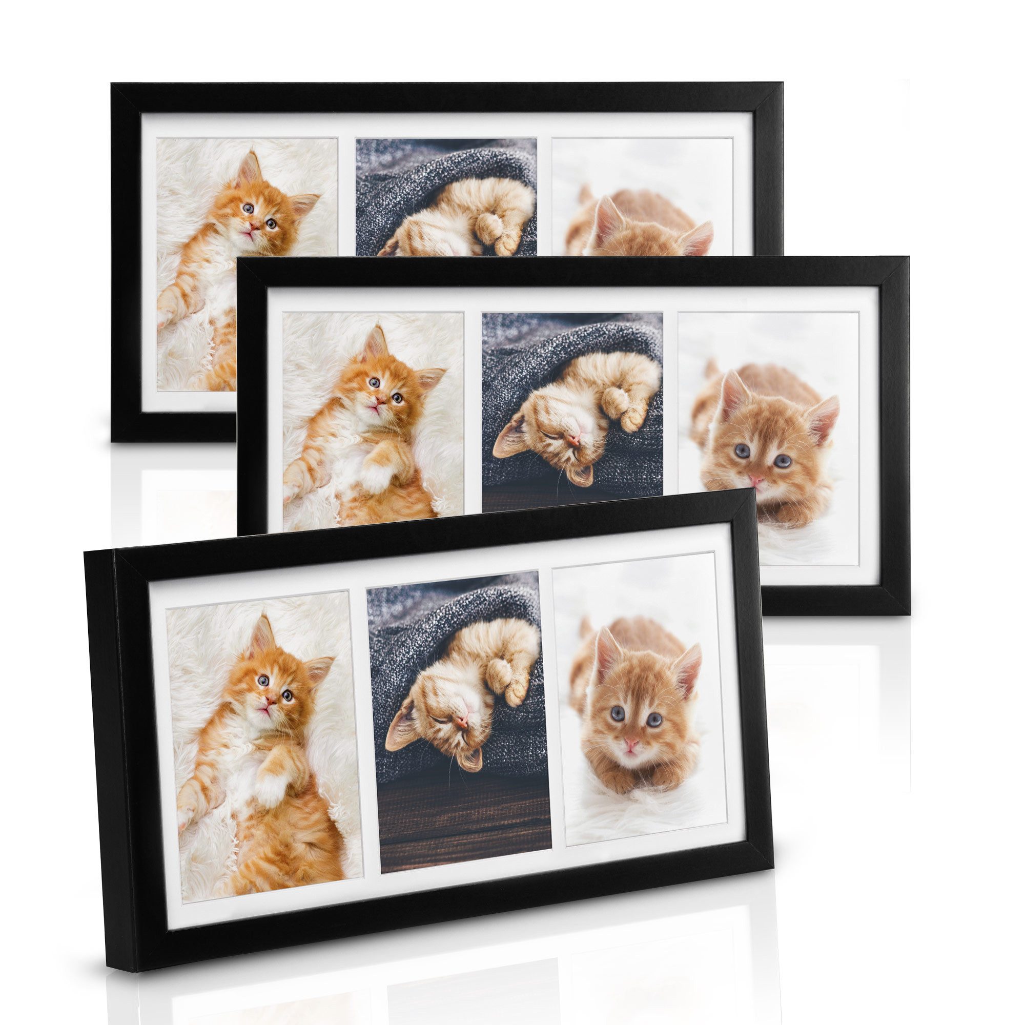 bomoe Bilderrahmen 3x Bilderrahmen Collage für 3 Fotos Galeria, 10x15cm, Schwarz, Kunststoffglas, Metall-Aufhängung & Passepartout Multirahmen Holz