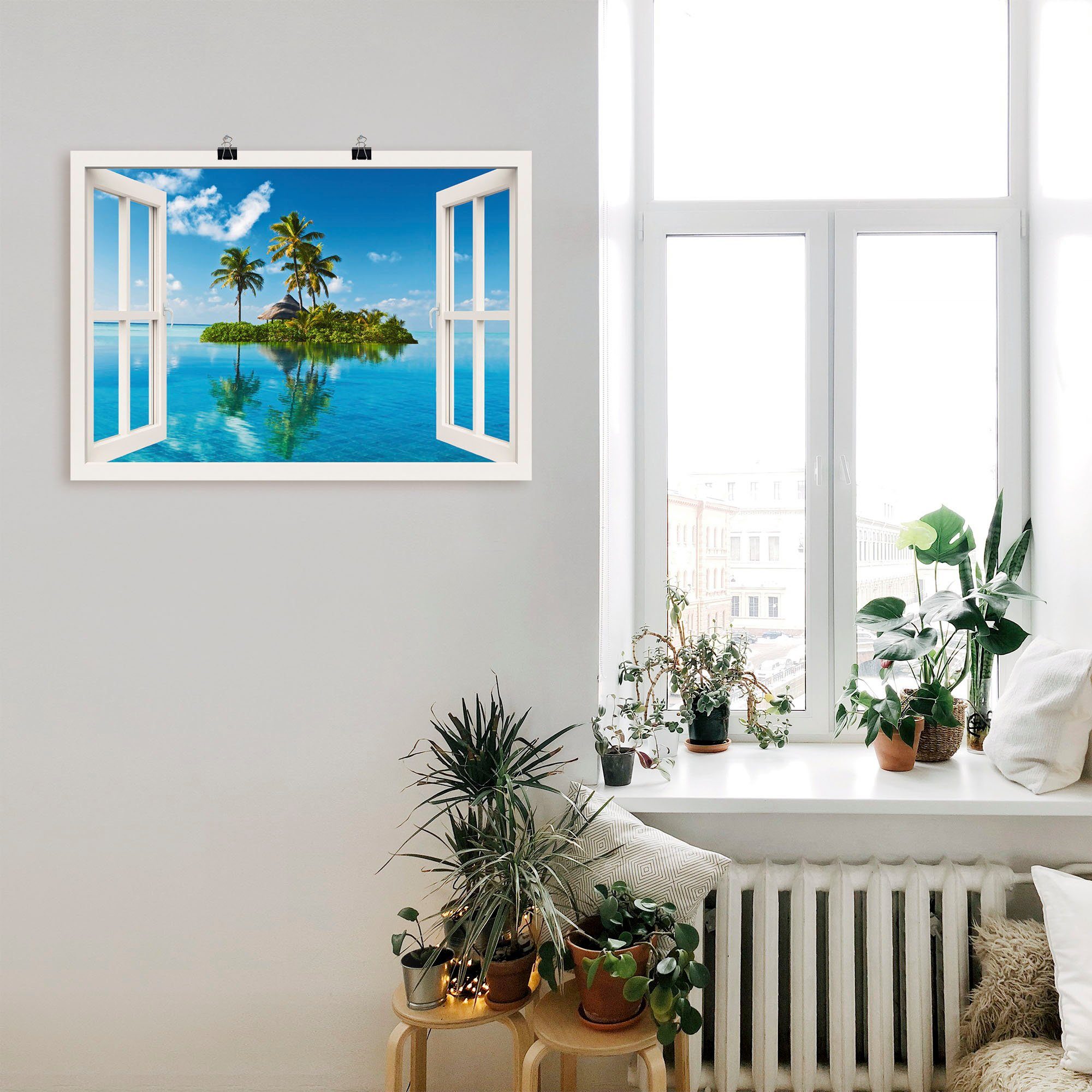 Fensterblick Wandaufkleber als Poster versch. Größen oder St), Fensterblick Insel Palmen Wandbild Leinwandbild, in Artland Meer, (1