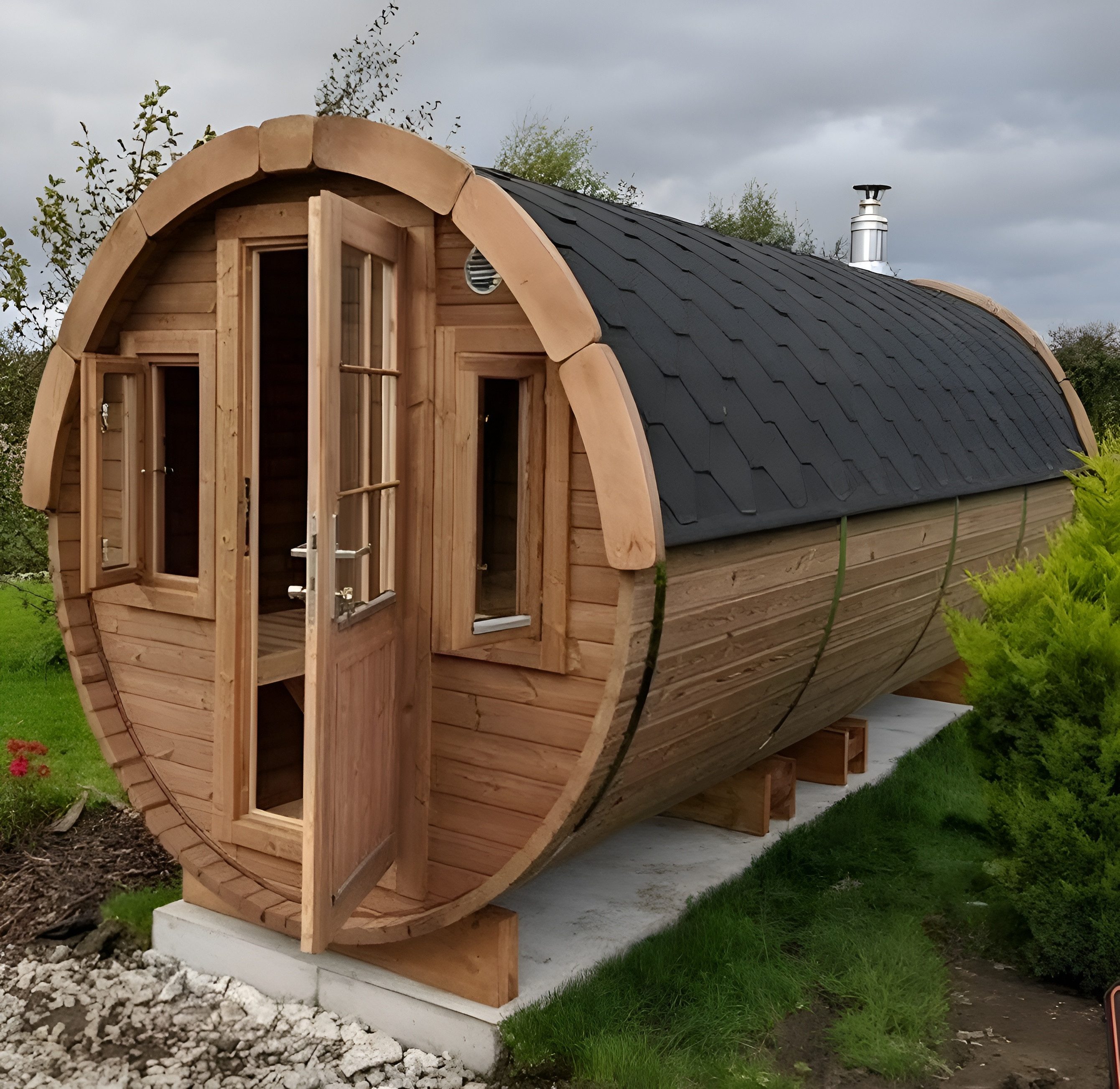 JVmoebel Fasssauna Saunafass Gartensauna Edelstahl Braun - Wellnessfass Naturfasssauna, (1-St) Made in Europe